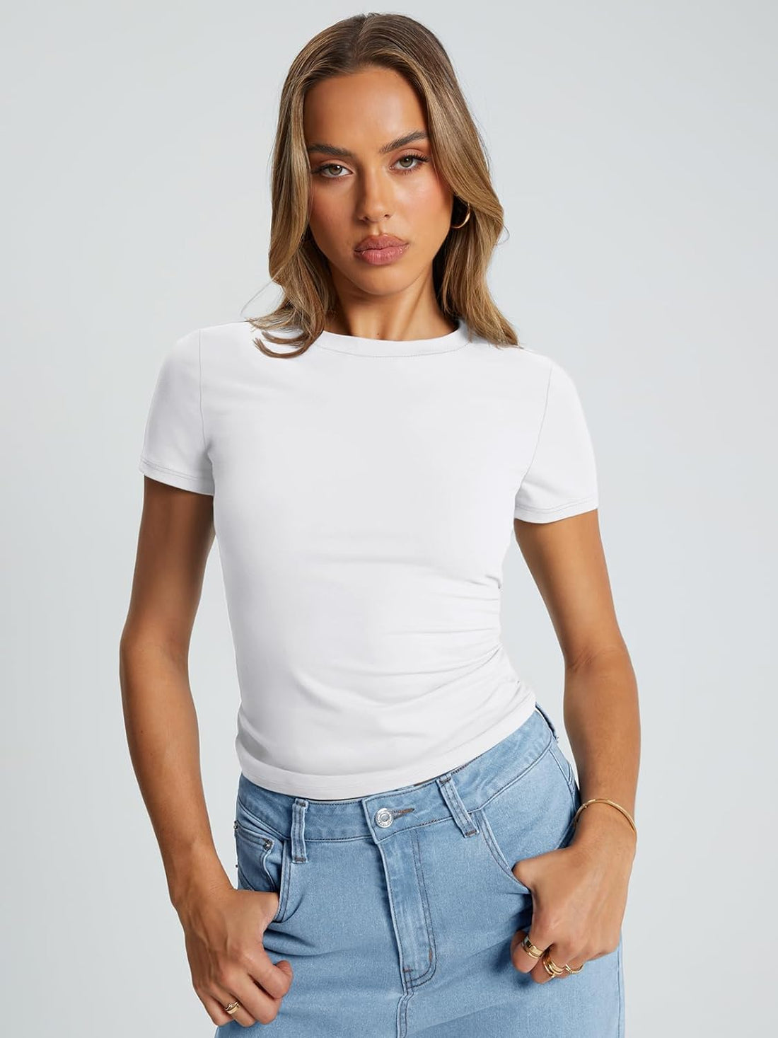 Womens Basic T Shirts Summer Tops 2025 Crop Short Sleeve Slim Fit Tee Cute Gym Workout Clothes