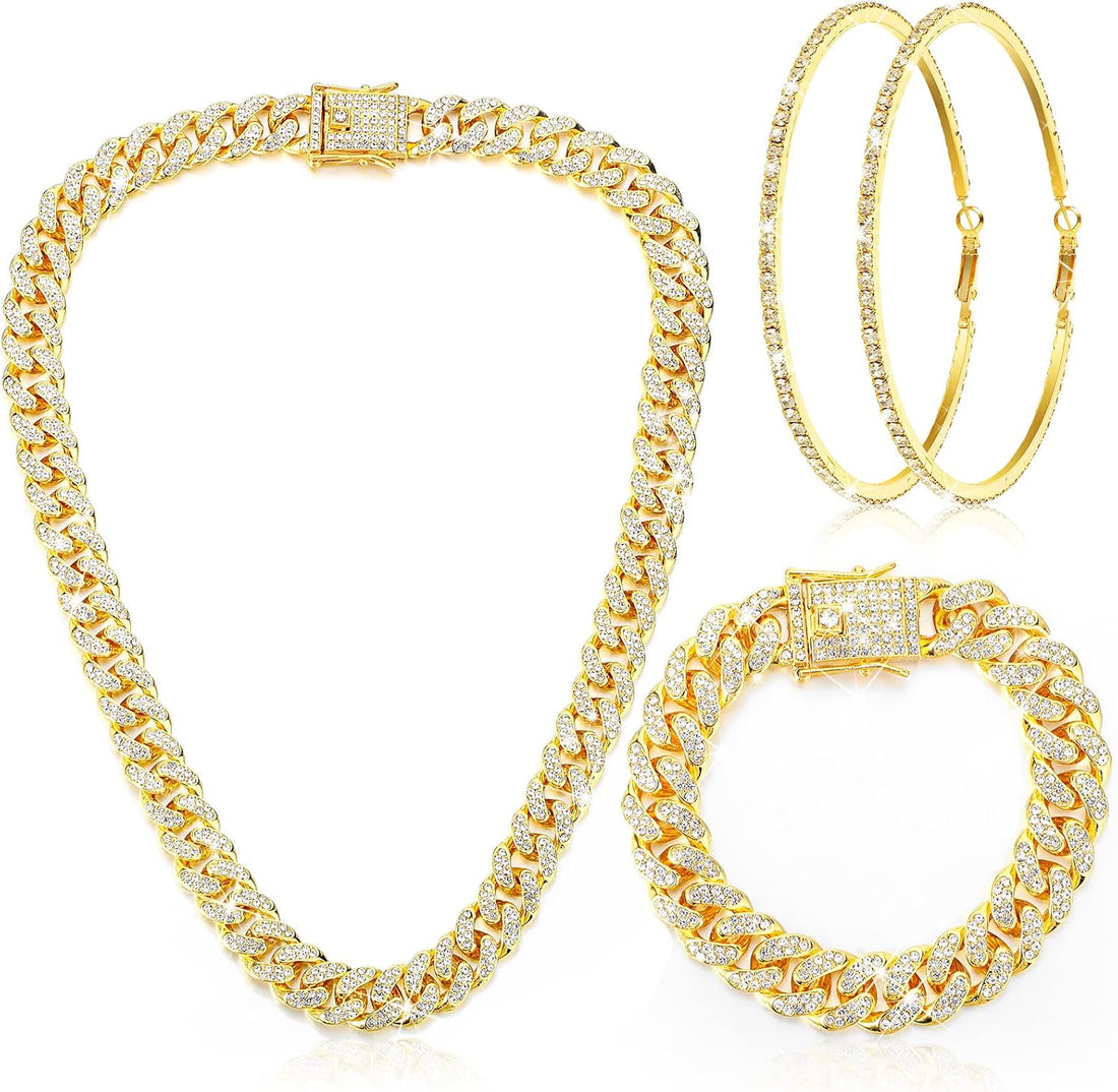 Cuban Link Chain Necklace Bracelet Rhinestone Earrings Bling Necklace Bracelet Crystal Big Circle Earring for Women