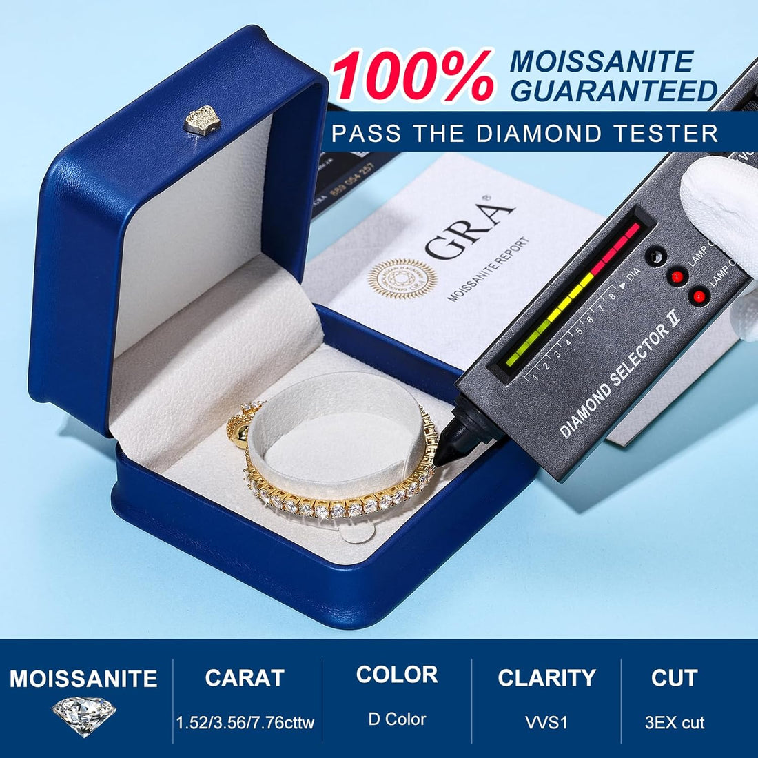 Moissanite Tennis Bracelet 1.52Ct-7.76Ct Adjustable Bracelet for Women 18K White Gold Plated S925 Sterling Silver Tennis Bracelet D Color VVS1 round Cut 2/3/4Mm Moissanite Bracelet Gifts for Wife/Mom