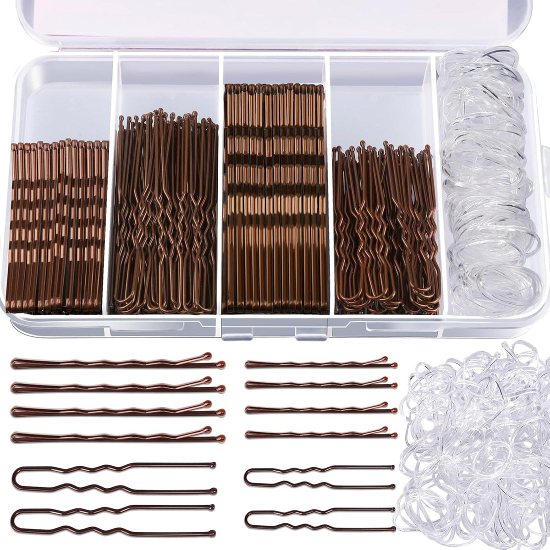 300Pcs Bobby Pins Hair Pins Kit - 100 Brown, 100 U Shape, 100 Hair Bands - 2Inch, 2.36Inch, 2.75Inch Pins for Women'S Buns