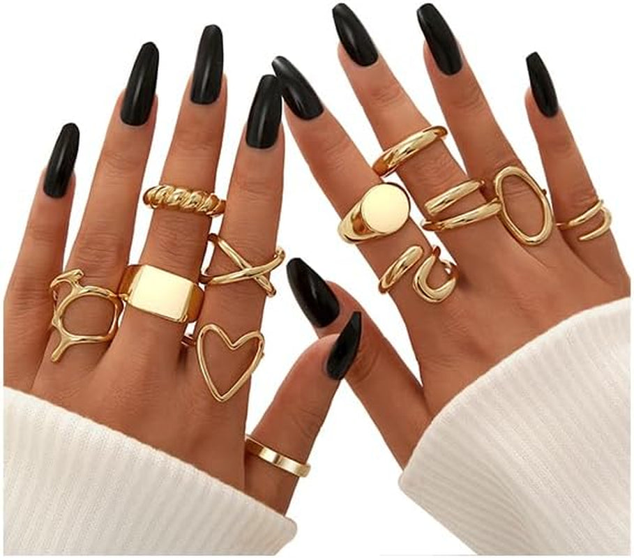 12PCS Gold Stackable Rings Set for Women, 18K Gold Plated Open Stacking Knuckle Ring, Adjustable Chunky Signet Band Statement Ring for Gift