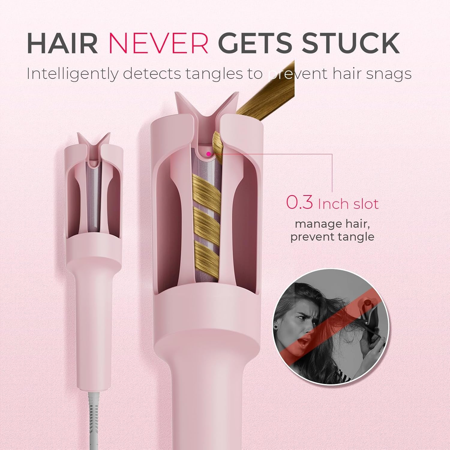 Automatic Rotating Curling Iron -  CURLPRO Beach Waves Curling Wand, Portable Hair Curler, 500 Million Ionic, Dual Voltage & Lightweight for Travel, Ceramic Coating, 1 Inch, Pink