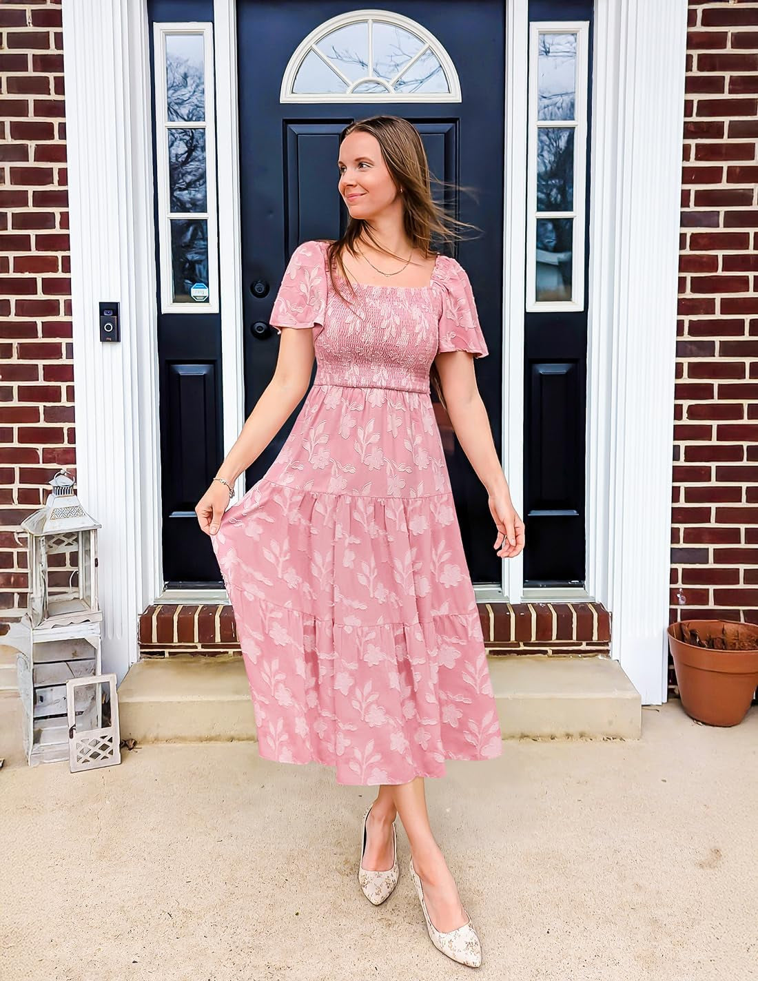 Women‘S Summer Boho Floral Midi Dress 2025 Casual Short Sleeve Square Neck Flowy Beach Vacation Long Dress