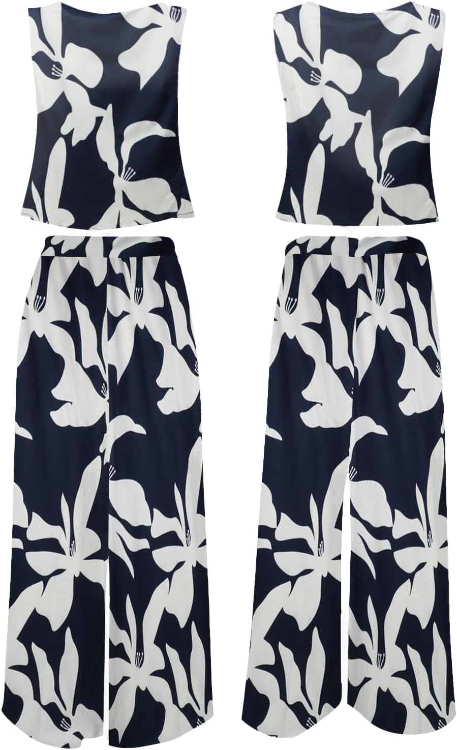 Women'S Summer 2 Piece Outfits round Neck Crop Basic Top Cropped Wide Leg Pants Set Jumpsuits