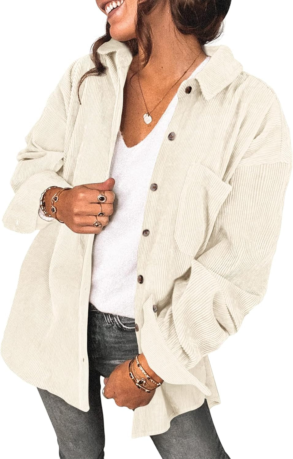 Womens Corduroy Shirt Long Sleeve Oversized Button up V Neck Blouses Tops Loose Shacket Jacket