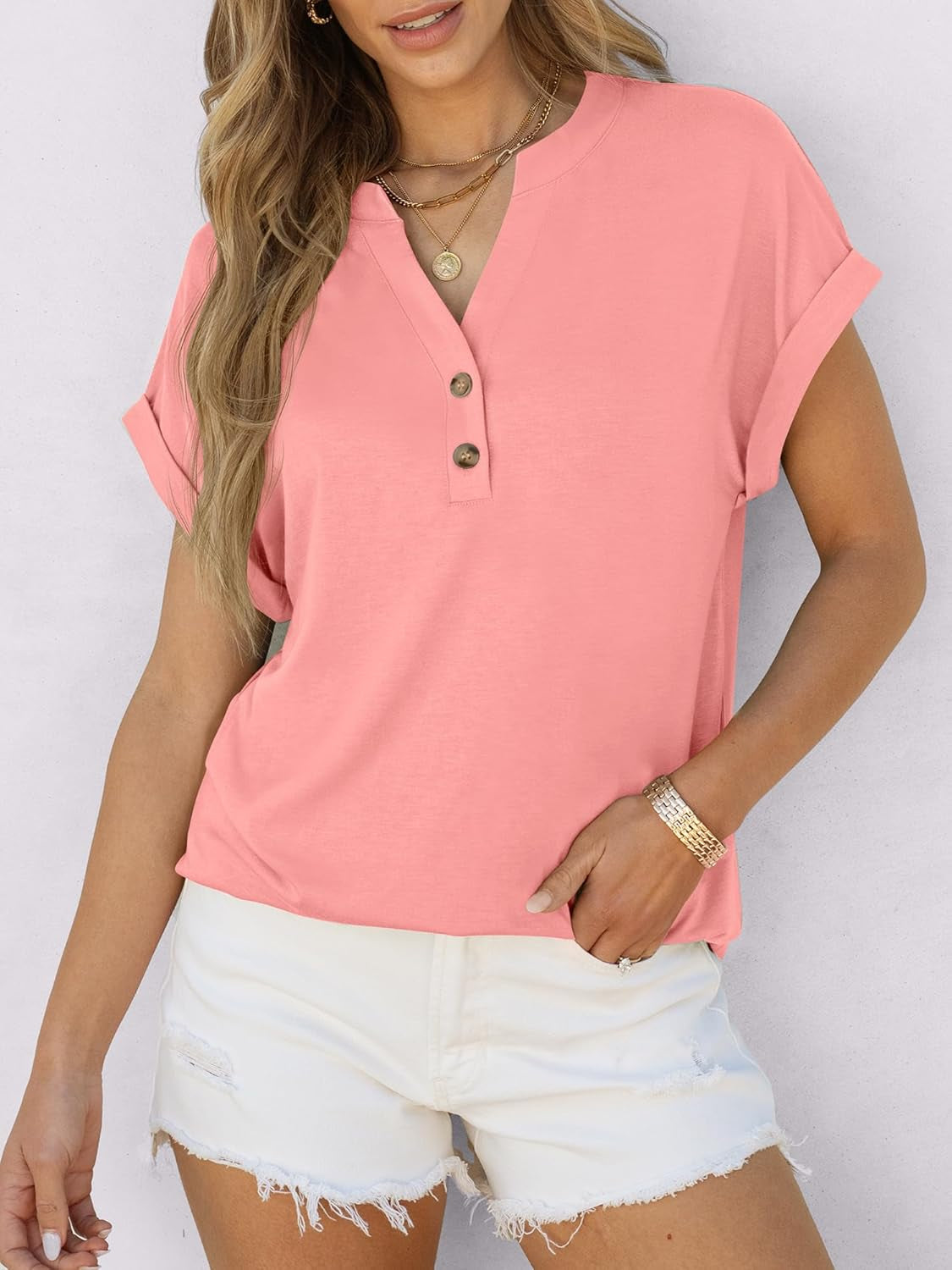 Womens Short Sleeve Henley Tops V Neck Dressy Casual Loose Fit Shirts Summer Flowy Blouses 2025 Trendy Clothes