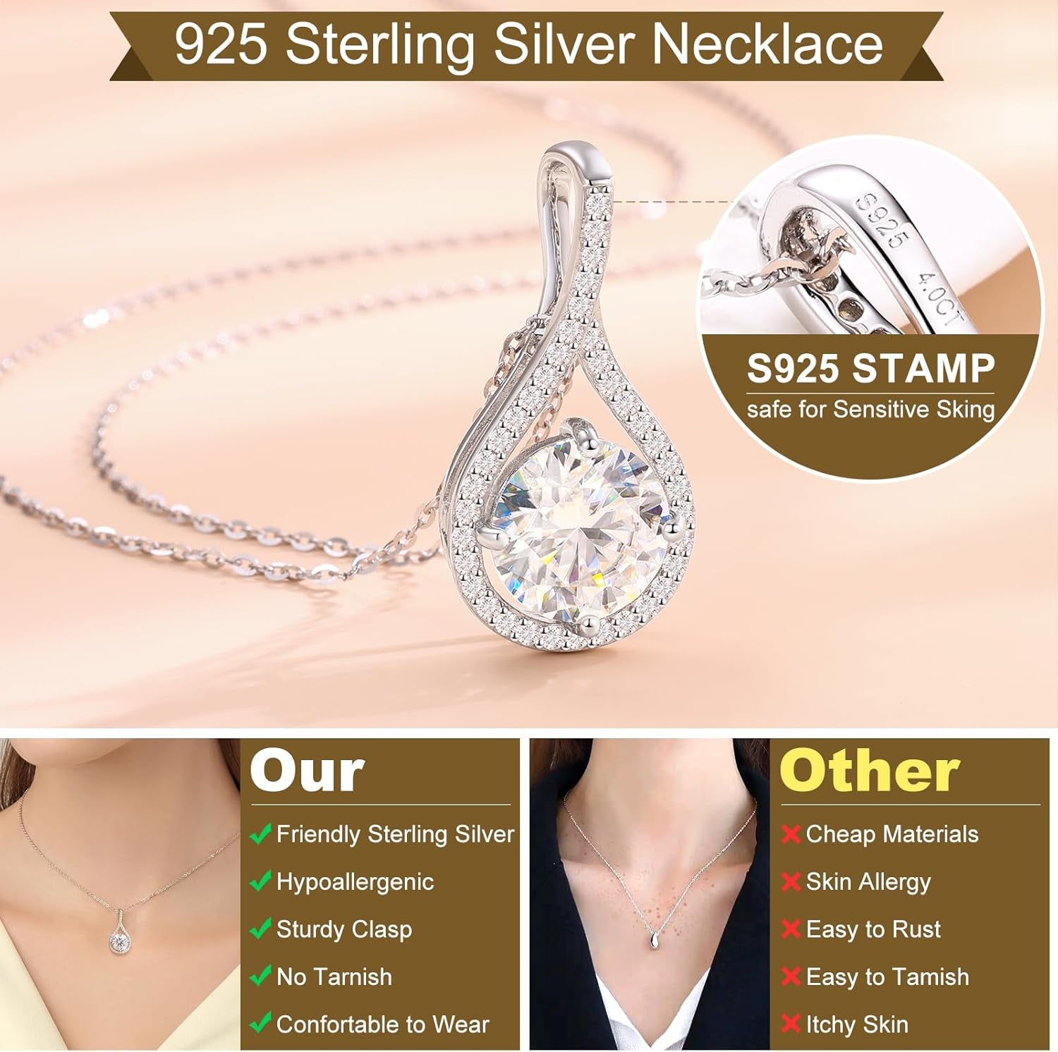 Moissanite Necklace Gift for Women, 925 Sterling Silver 18K White/Yellow Gold Plated 0.5-6.0CT Moissanite Pendant for Her, Anniversary Day, Birthday, Wedding - to My Wife, Mom