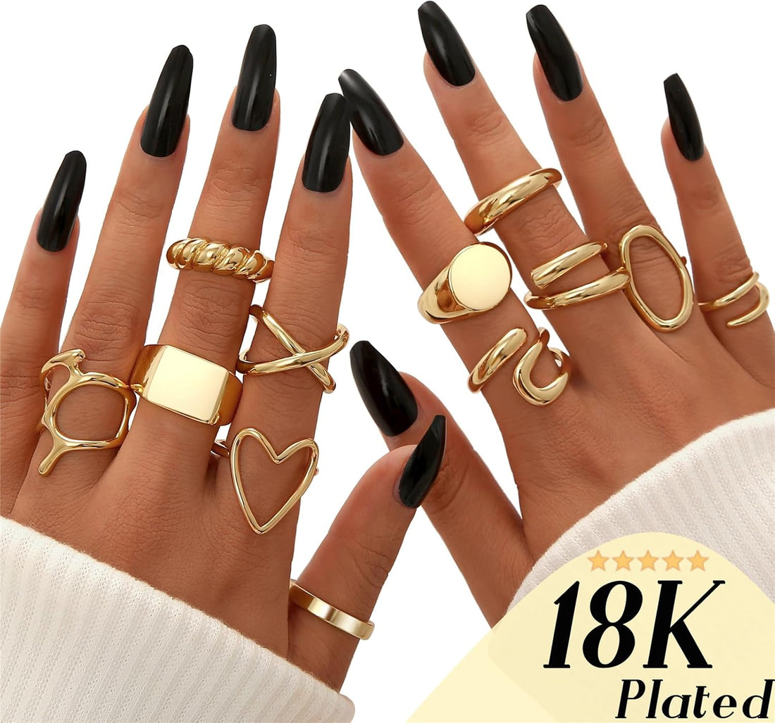 12PCS Gold Stackable Rings Set for Women, 18K Gold Plated Open Stacking Knuckle Ring, Adjustable Chunky Signet Band Statement Ring for Gift