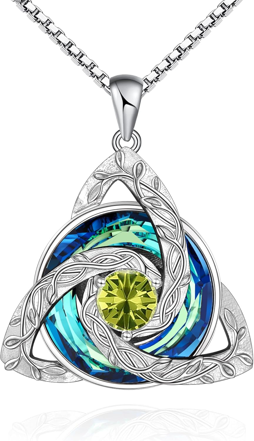 Celtic Birthstone Necklace for Women, S925 Sterling Silver Trinity Knot Triquetra Austria Crystal Pendant, Birthstone Necklace Birthday Anniversary Jewelry Irish Scottish Gifts for Her
