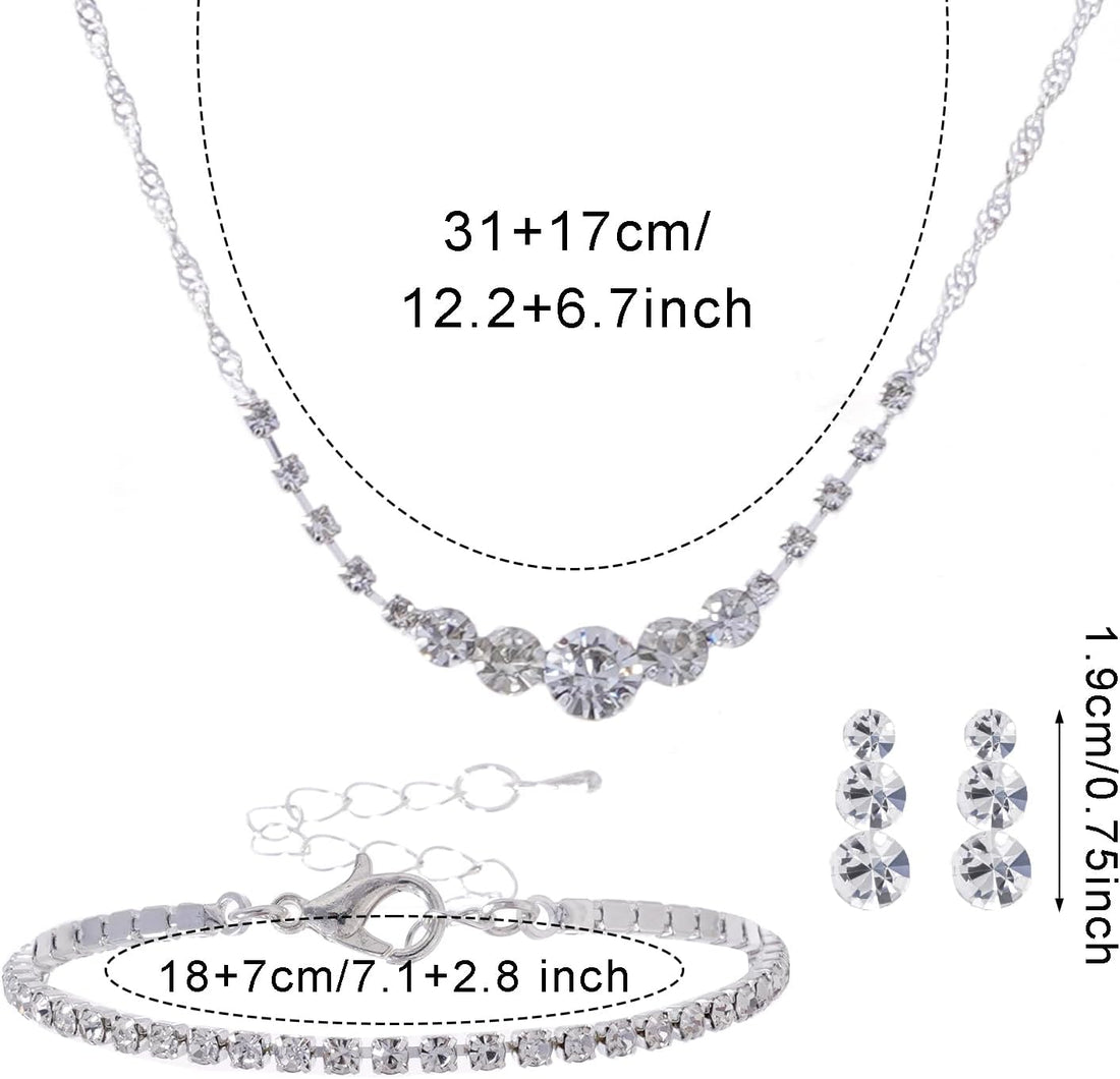 Women Jewelry Set Silver Necklace Earrings Bracelet Rhinestone Crystal Bridal Wedding Jewelry Sets for Brides Bridesmaid Wedding Party