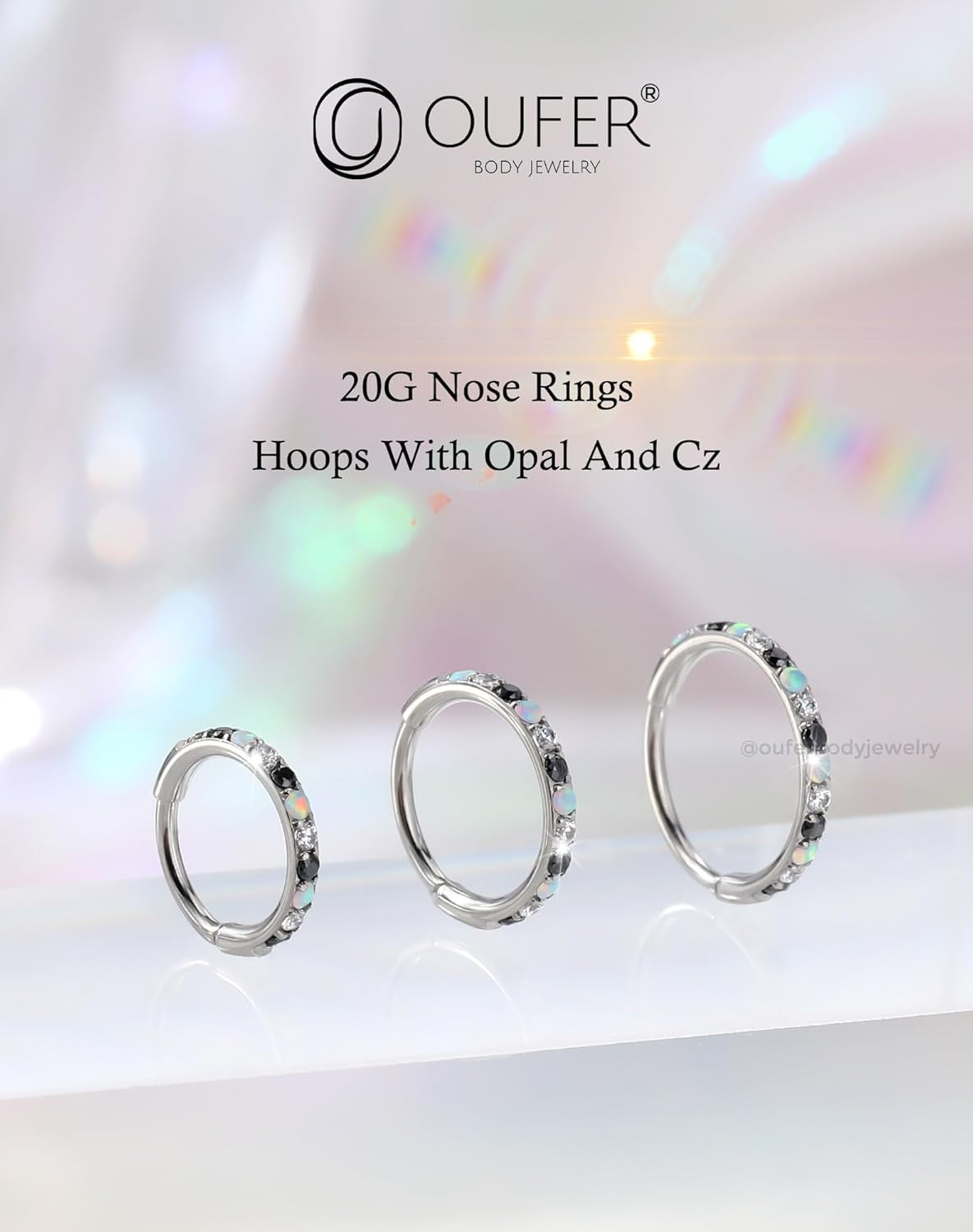 Opal and CZ 20G Nose Rings Hoops, 316L Surgical Steel Hinged Segment Nose Piercing Jewelry, Septum Lip Eyebrow Rings Cartilage Conch Rook Helix Tragus Daith Earrings for Women and Men-6/7/8Mm