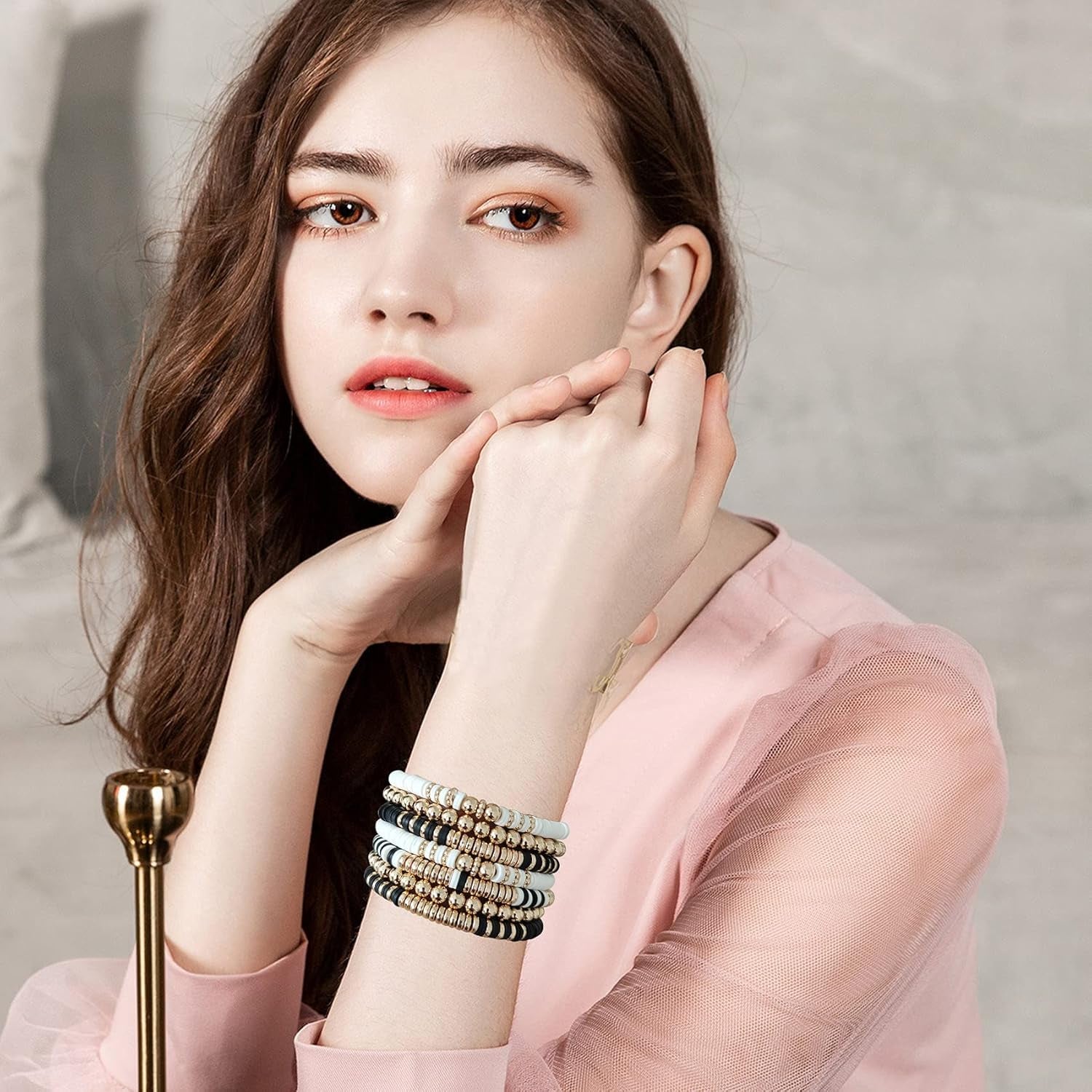 Surfer Heishi Clay Bead Bracelets for Women Bohemian Stackable Gold Beaded Stretch Bracelets Elastic Layering Friendship Bracelets Set Boho Jewelry