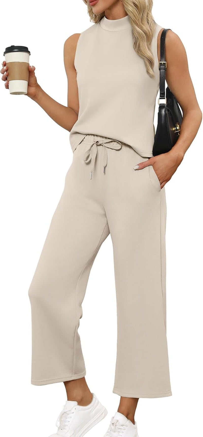 Two Piece Sets for Women Summer Outfits Lounge Sets Mock Neck Tops Wide Leg Crop Pants Vacation Travel Outfits