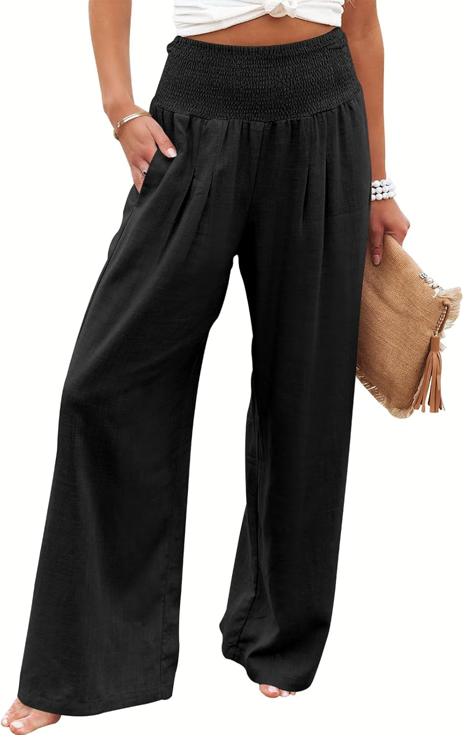 Women Linen Palazzo Pants Summer Boho Wide Leg High Waist Casual Lounge Pant 2025 Beach Travel Vacation Outfits