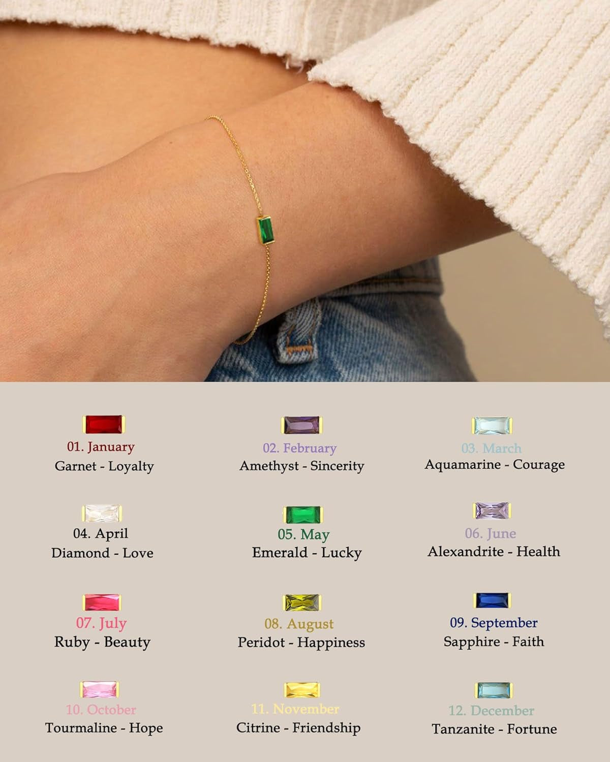 Birthstone Gold Bracelets for Women Non Tarnish Trendy Dainty 14K Gold Plated Bracelet Stack Stackable Blue Green May Emerald Friendship Bracelets Jewelry Gifts for Mom Best Friend