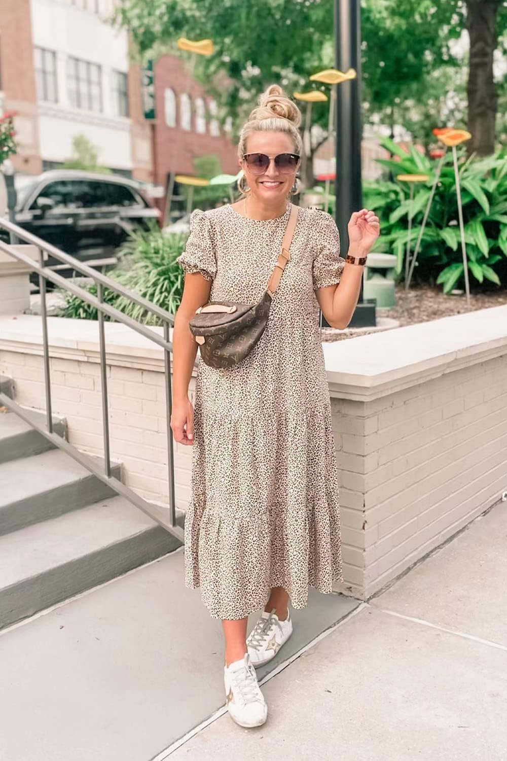 Summer Dresses for Women 2025 Casual Floral Boho Midi Sun Dress Puff Short Sleeve Flowy Beach Vacation Sundress