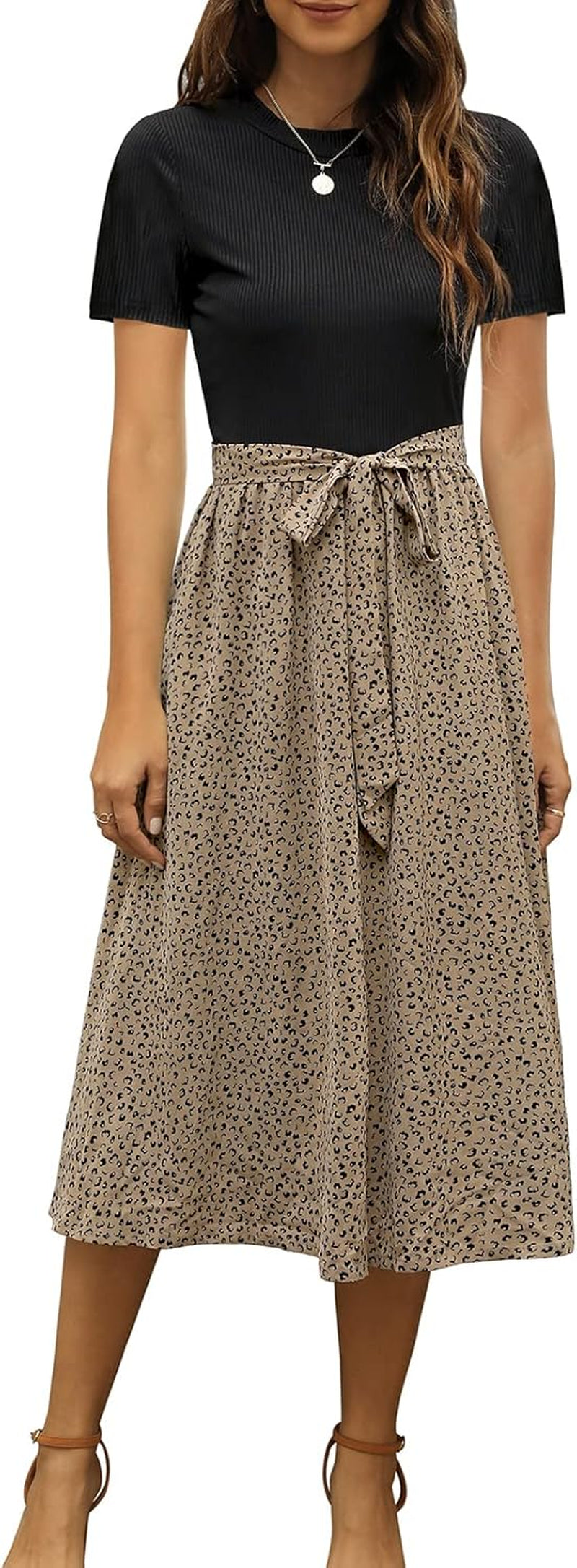 Women 2025 Summer Dress Short Sleeve Ribbed Teacher Church Modest Business Casual Work Outfits Midi Dress