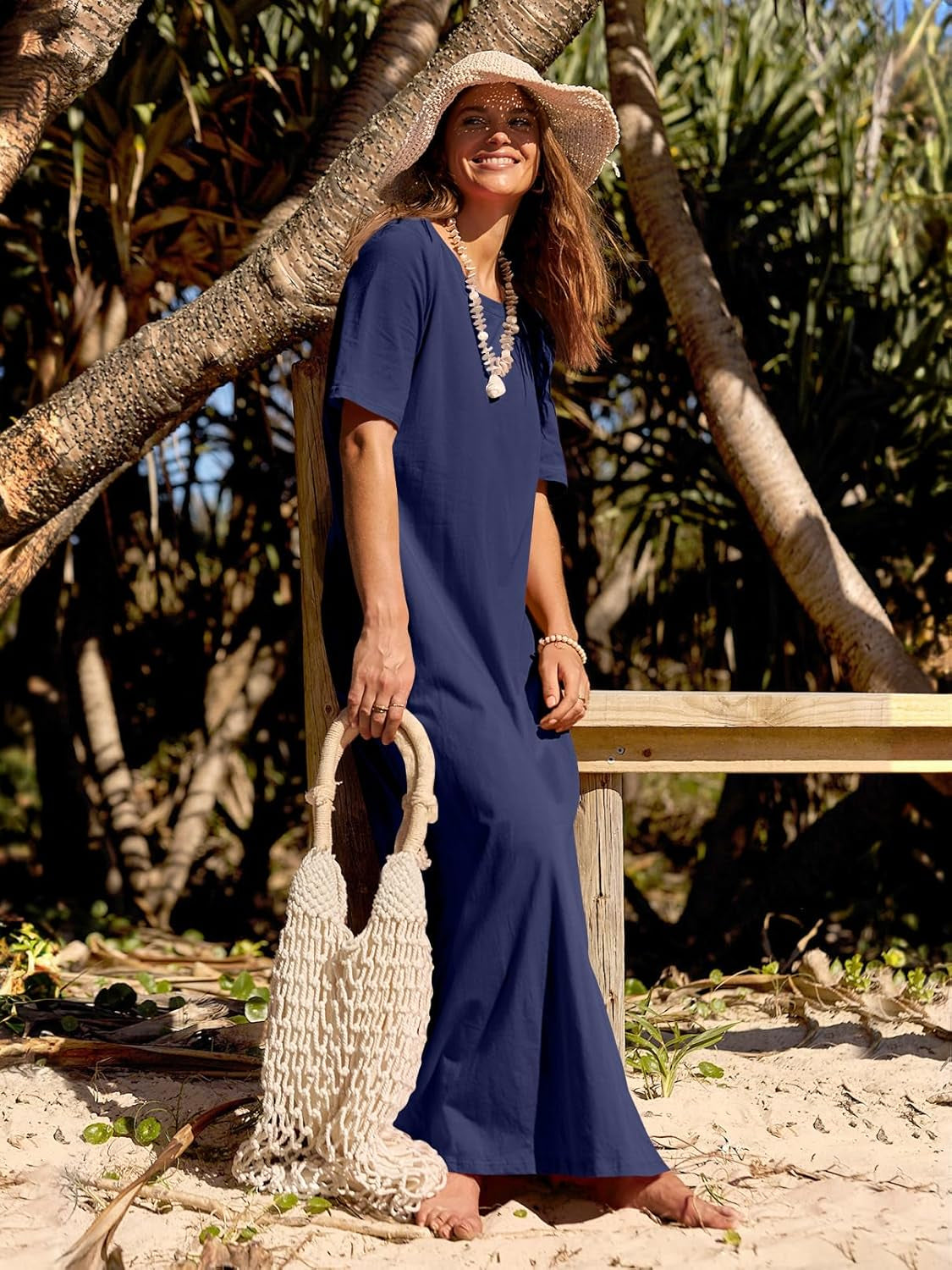 Women'S 2025 Summer Maxi Dress Casual Short Sleeve Beach Vacation Crewneck Basic Long T Shirt Dresses