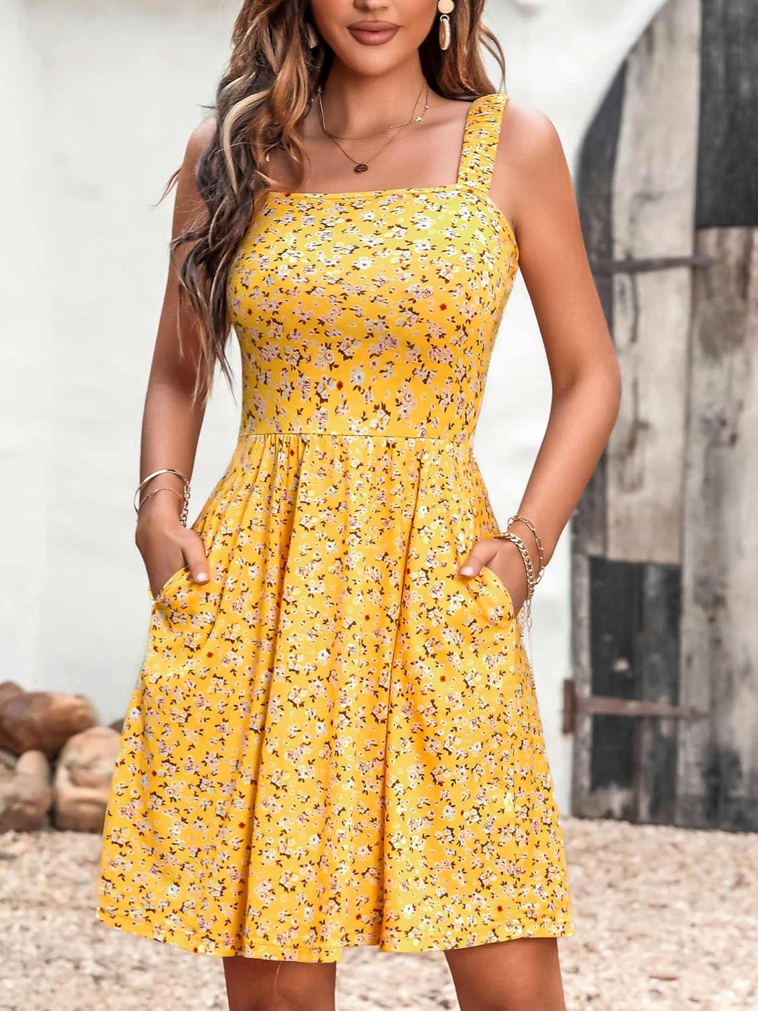Women'S Summer Casual Square Neck Dress with Pocket Cute Sleeveless High Waist A-Line Sundress Midi Dresses