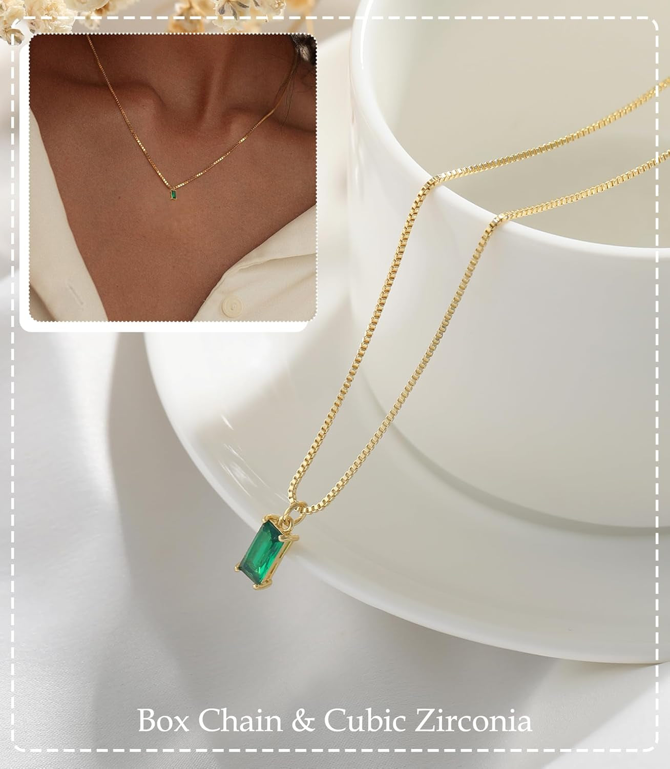 Diamond Necklaces for Women 14K Gold Plated Emerald Birthstone Necklace for Women Mothers Dainty Gold Necklace Blue Green Cubic Zirconia Pendant Necklace Birthday Gifts for Women Jewelry