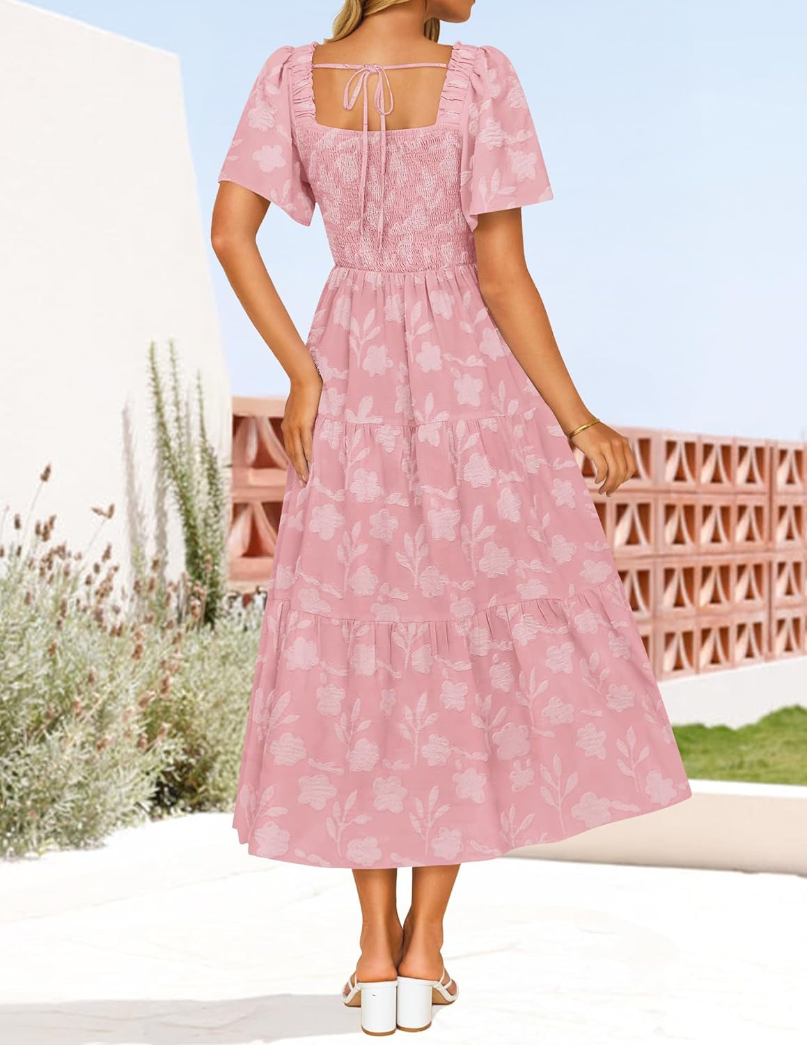 Women‘S Summer Boho Floral Midi Dress 2025 Casual Short Sleeve Square Neck Flowy Beach Vacation Long Dress
