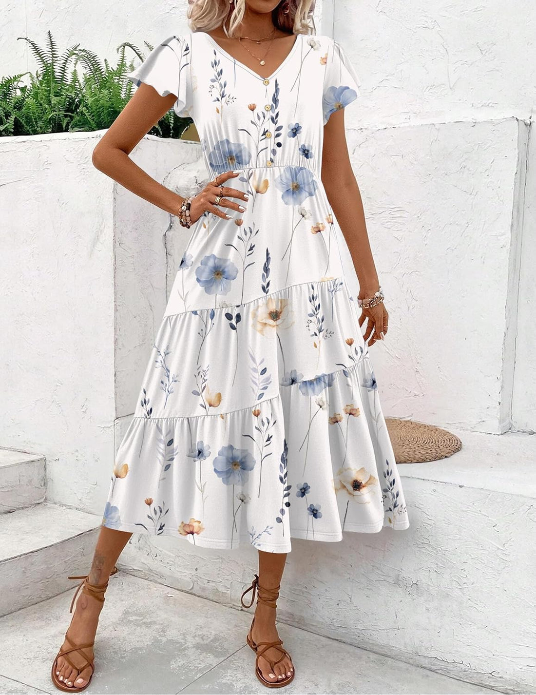 Women'S Summer Casual Dress Flutter Short Sleeve V Neck Button down Tiered Flowy Long Dress with Pockets