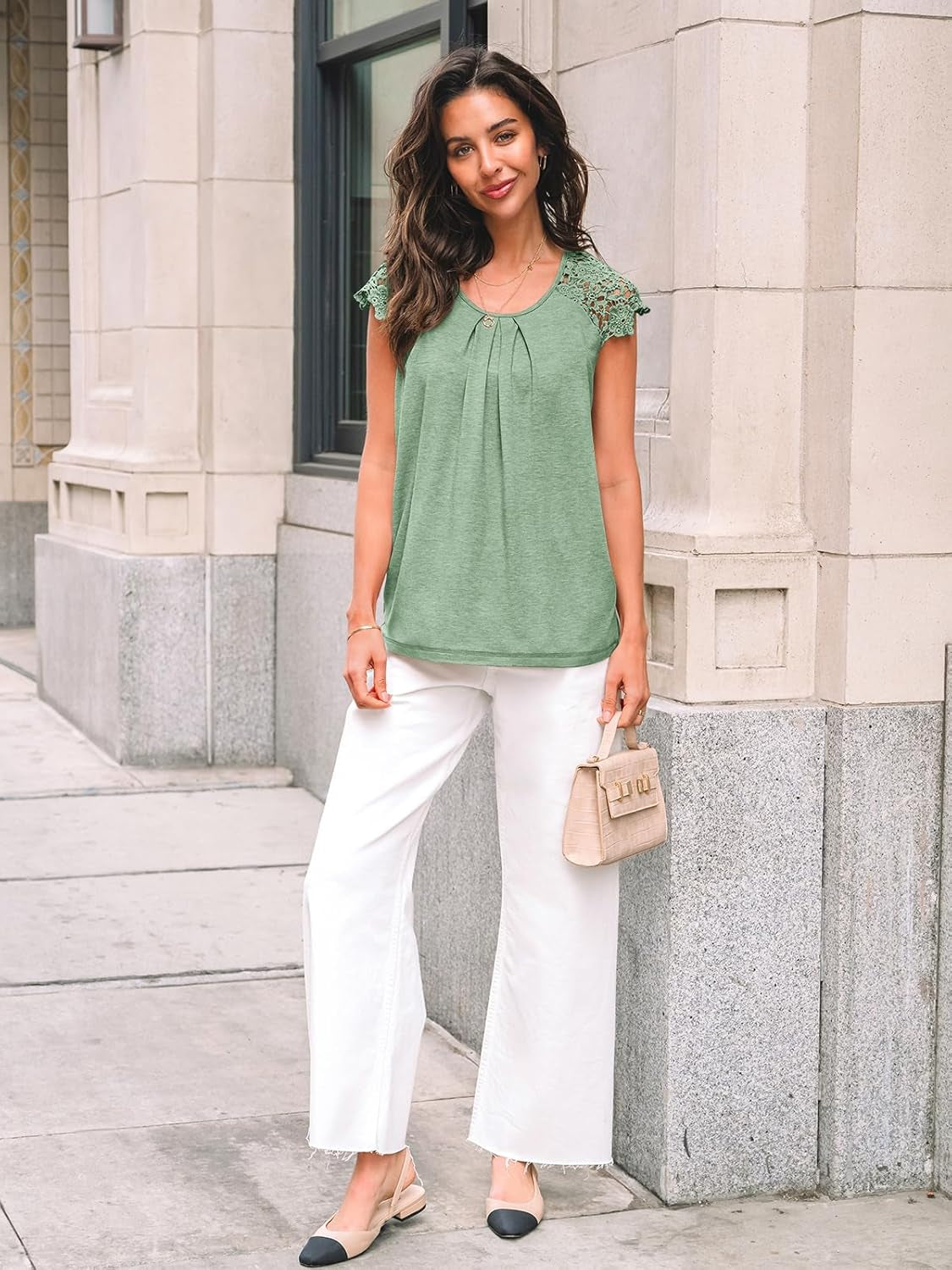 Womens Lace Tops Pleated Short Sleeve Shirts Summer Business Casual Dressy Blouses