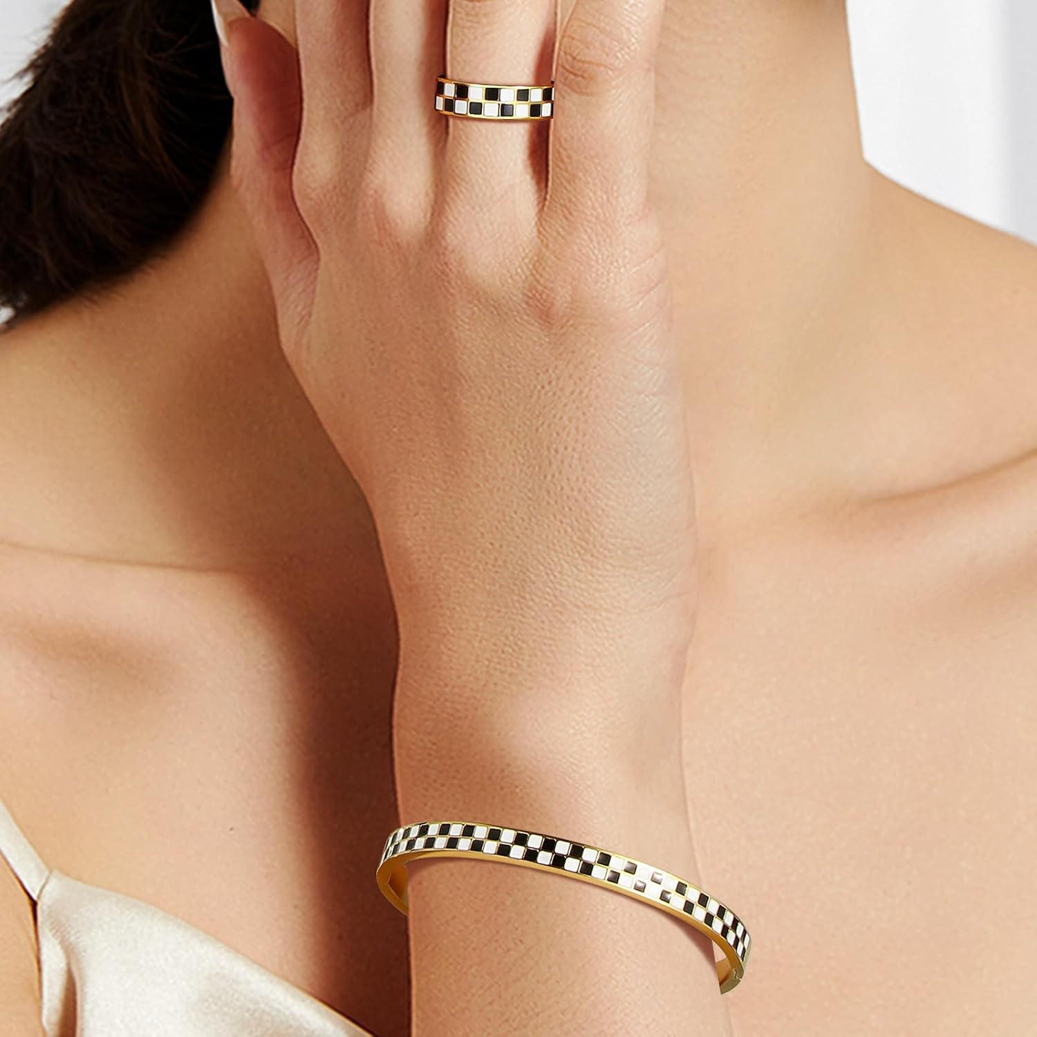 Black White Stainless Steel Jewelry Set - Checkered Couple Ring & Bracelet Stackable, Non Tarnish Gift for Women Men