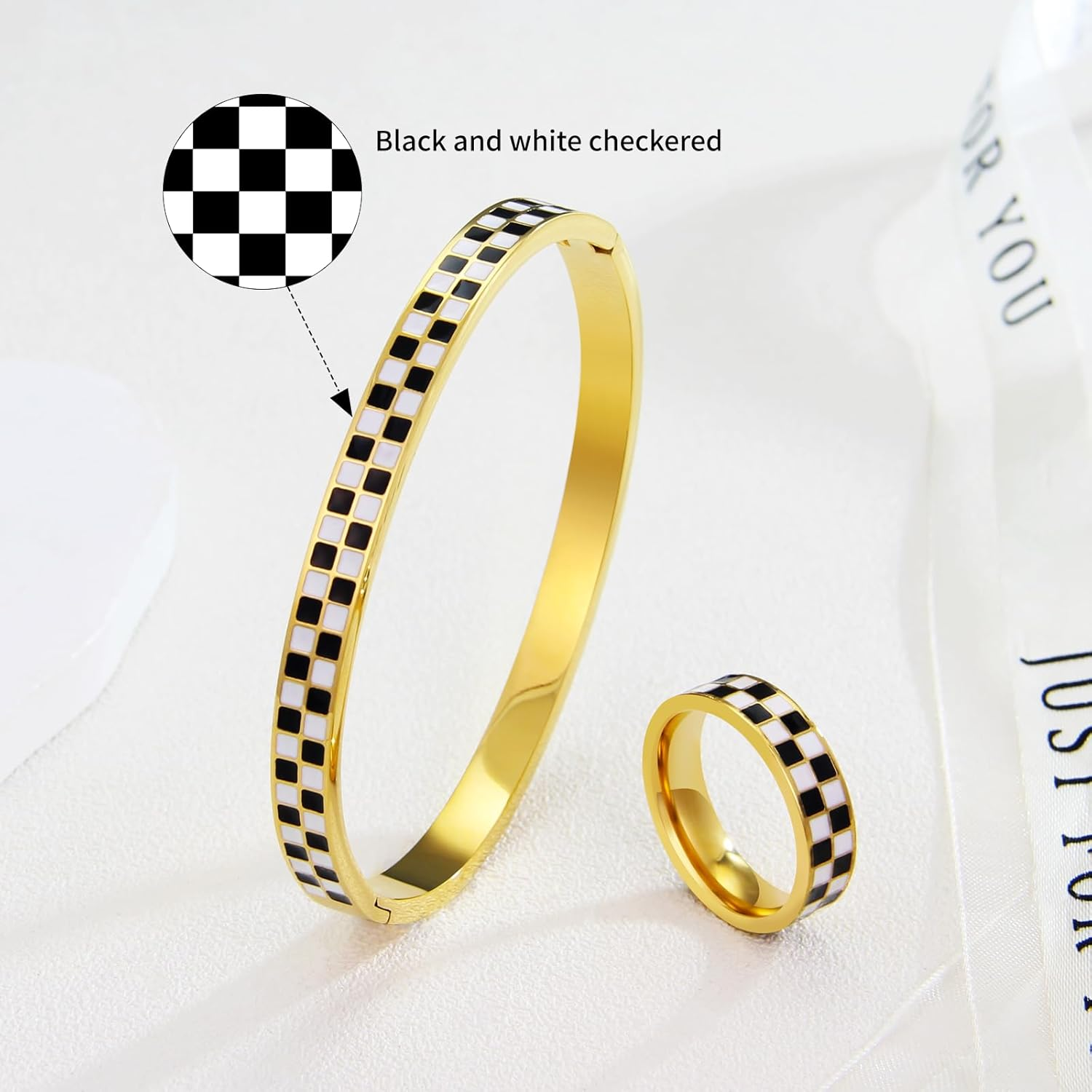 Black White Stainless Steel Jewelry Set - Checkered Couple Ring & Bracelet Stackable, Non Tarnish Gift for Women Men