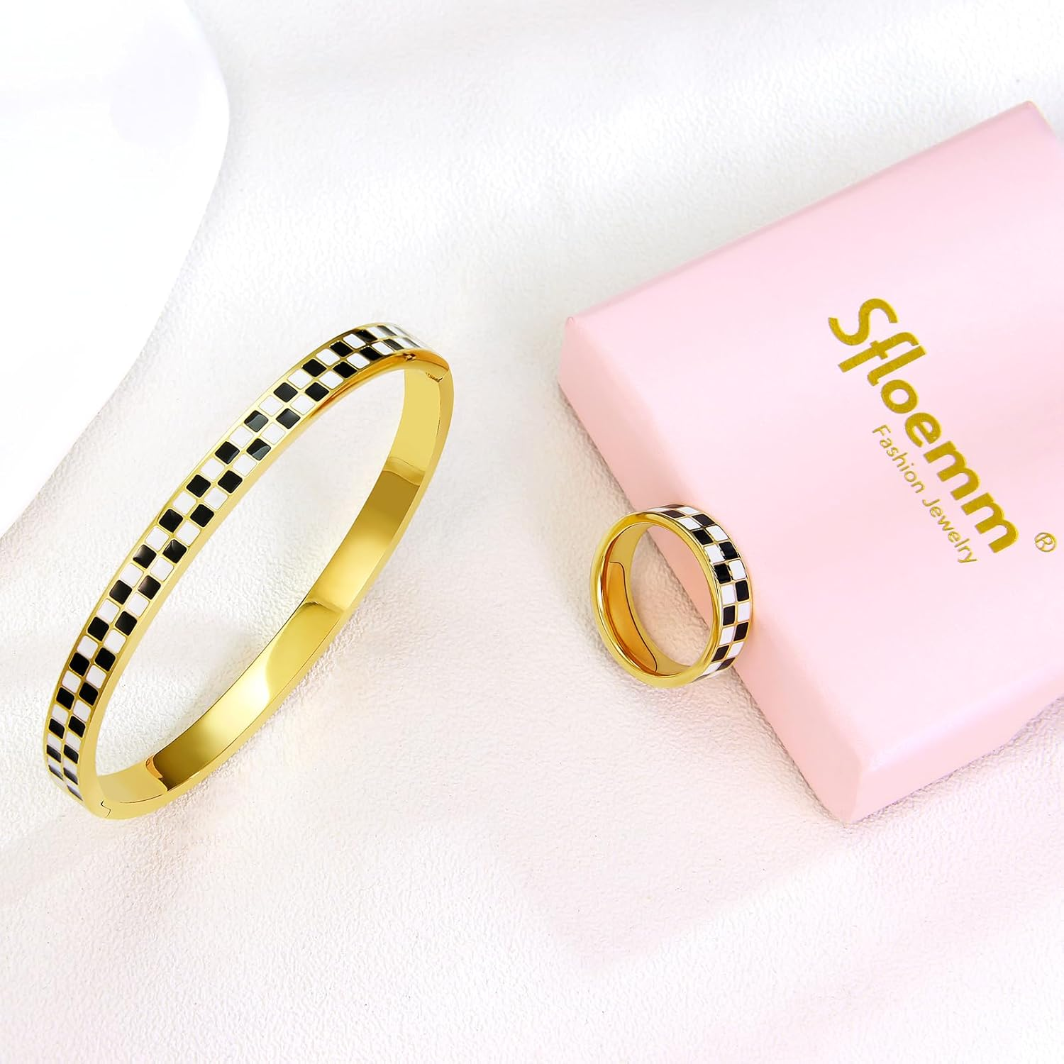 Black White Stainless Steel Jewelry Set - Checkered Couple Ring & Bracelet Stackable, Non Tarnish Gift for Women Men
