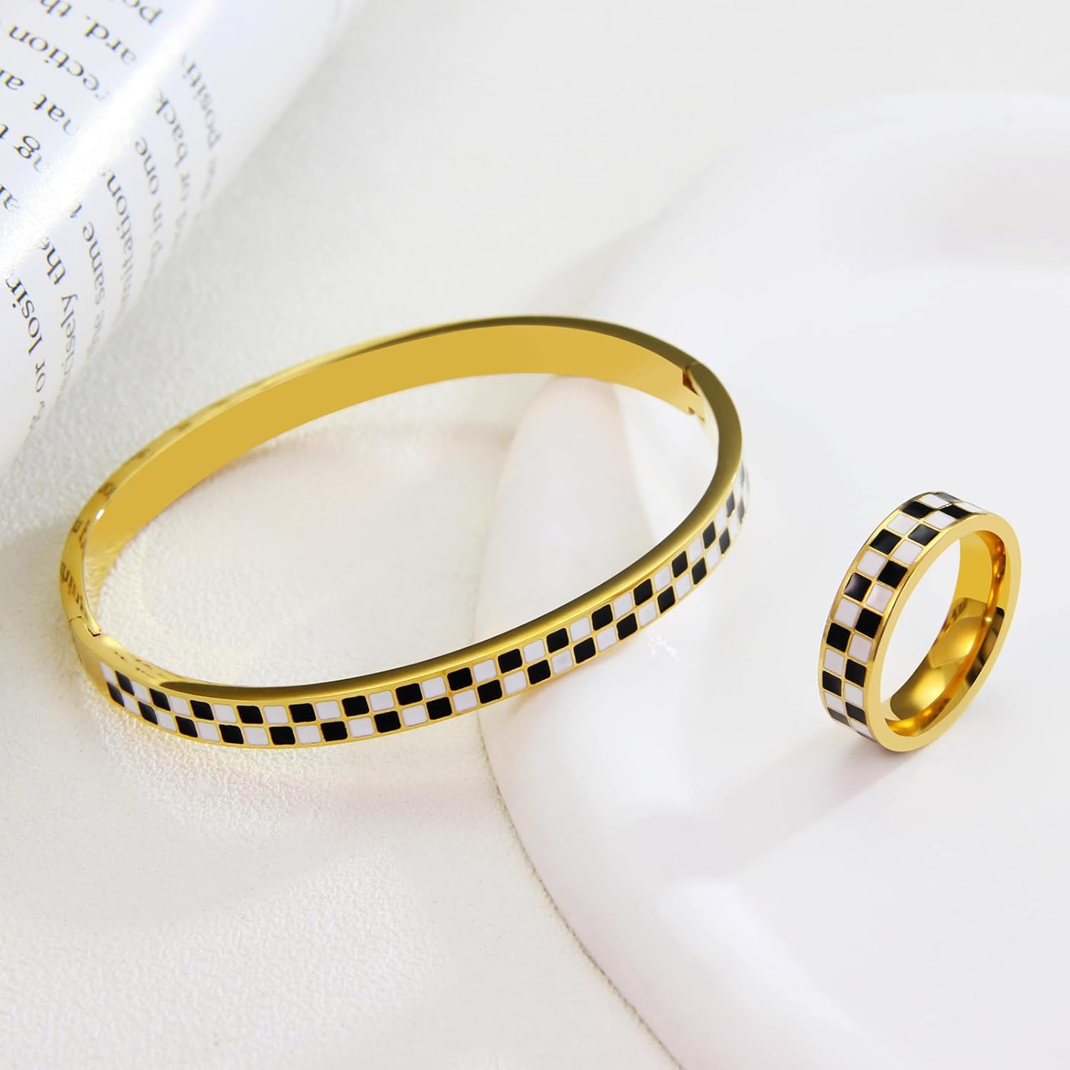 Black White Stainless Steel Jewelry Set - Checkered Couple Ring & Bracelet Stackable, Non Tarnish Gift for Women Men