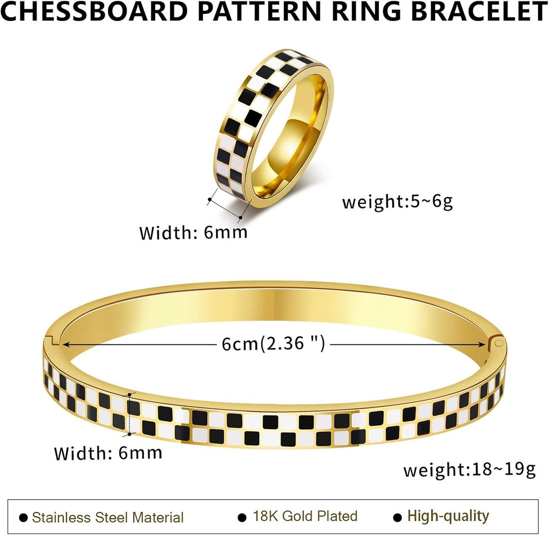 Black White Stainless Steel Jewelry Set - Checkered Couple Ring & Bracelet Stackable, Non Tarnish Gift for Women Men