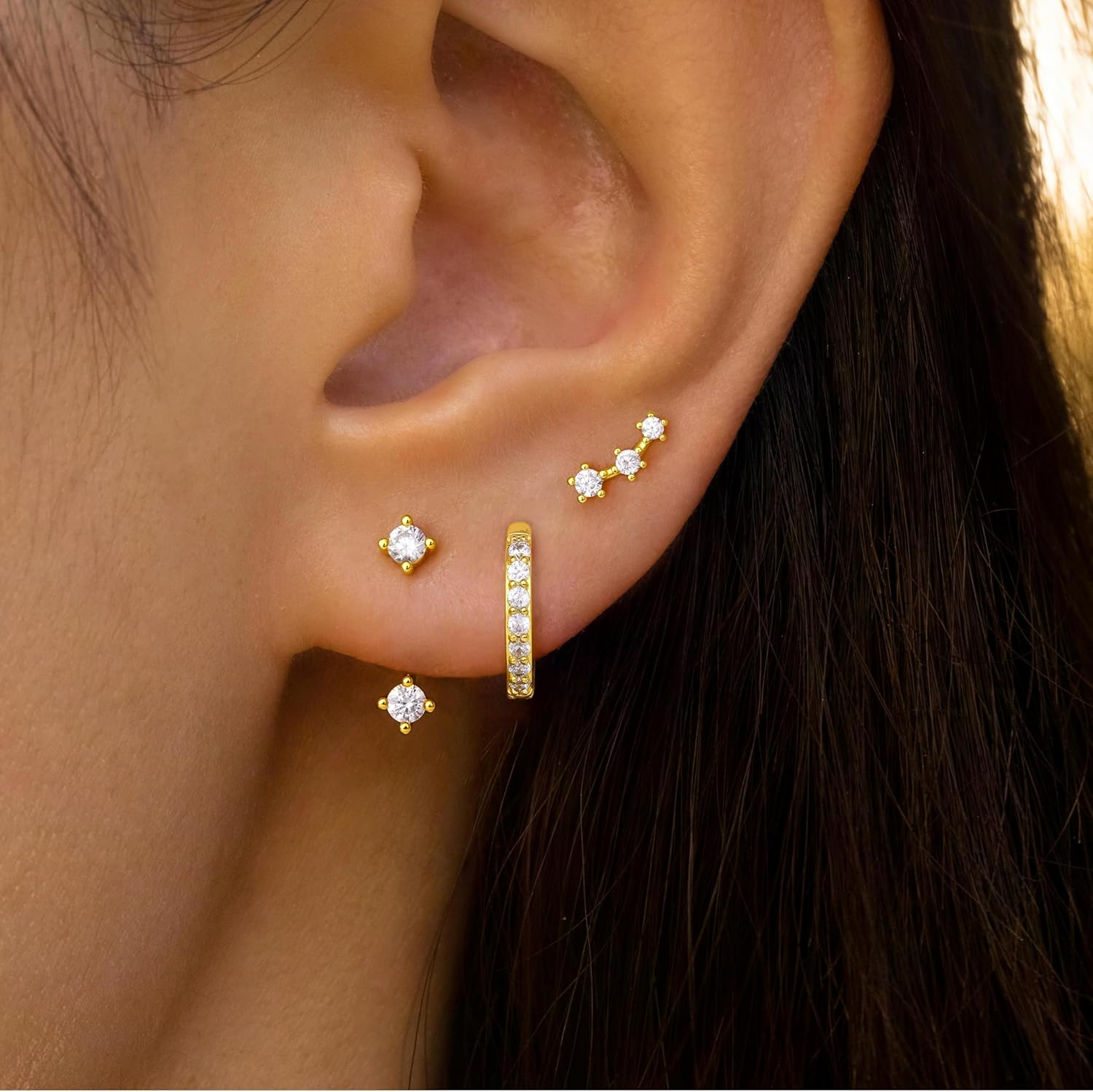 Gold Stud Earrings Set for Women, 3 Pairs Huggie Hoop Jacket Studs Earring Stacks, Hypoallergenic 925 Sterling Silver Post Dainty Birthstone Trendy Women Fashion Accessories Jewelry Gifts