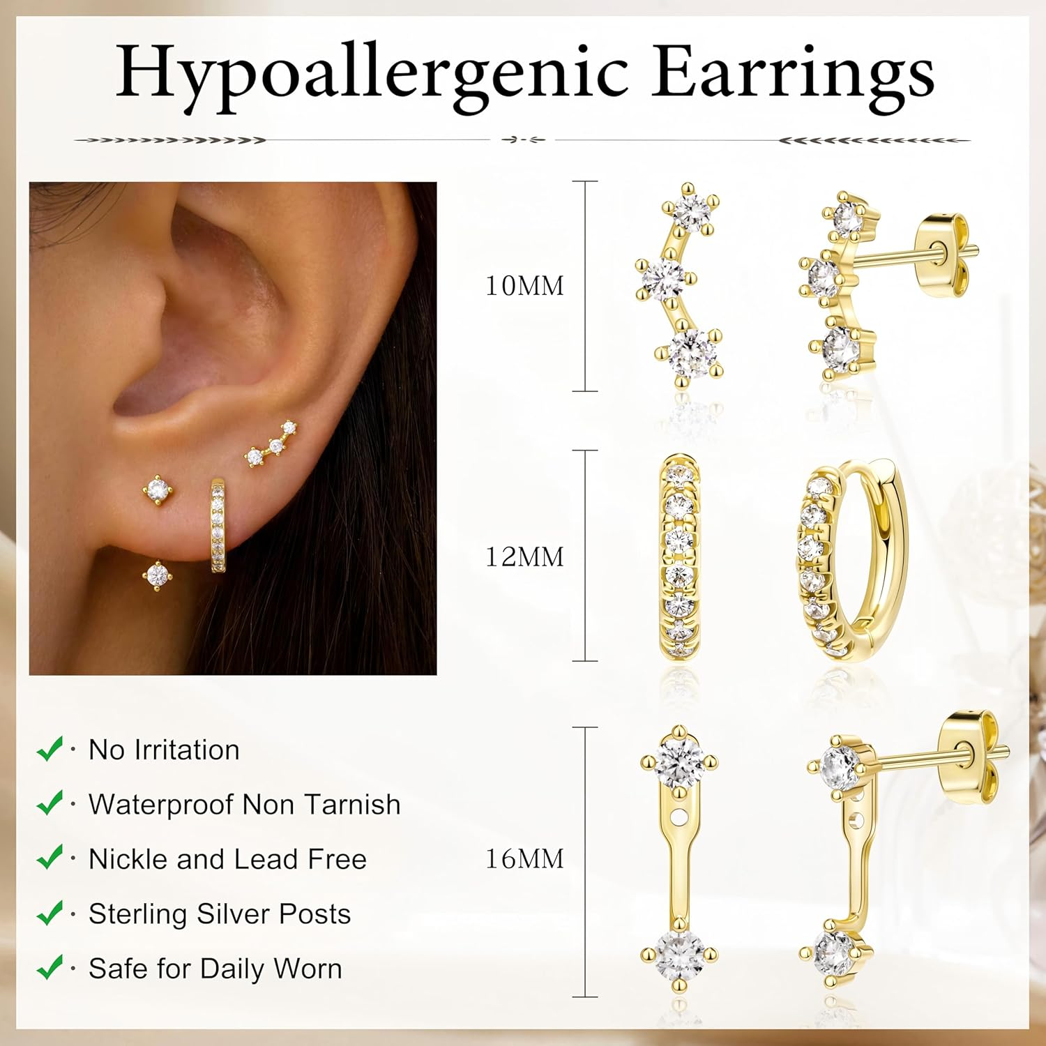 Gold Stud Earrings Set for Women, 3 Pairs Huggie Hoop Jacket Studs Earring Stacks, Hypoallergenic 925 Sterling Silver Post Dainty Birthstone Trendy Women Fashion Accessories Jewelry Gifts