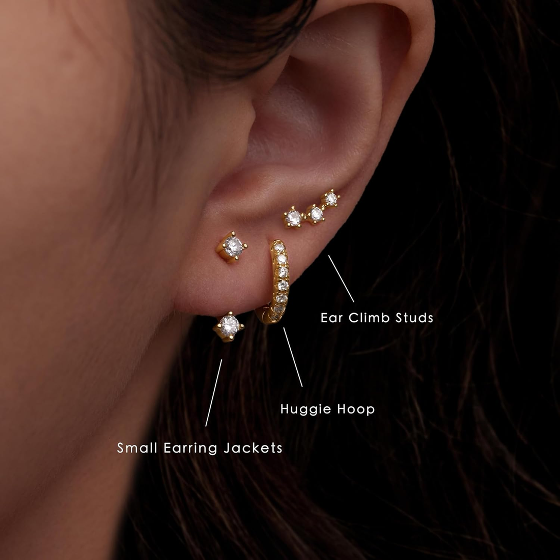 Gold Stud Earrings Set for Women, 3 Pairs Huggie Hoop Jacket Studs Earring Stacks, Hypoallergenic 925 Sterling Silver Post Dainty Birthstone Trendy Women Fashion Accessories Jewelry Gifts