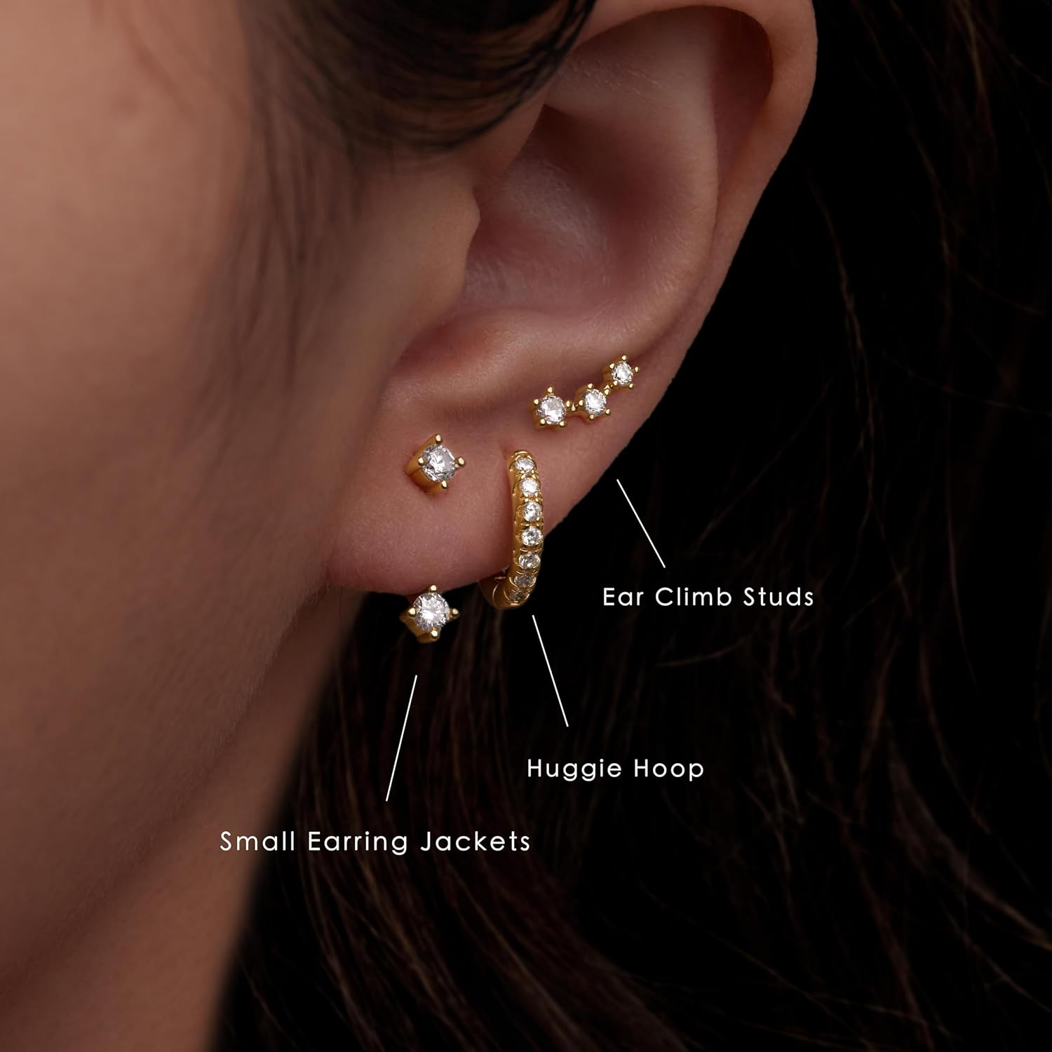 Gold Stud Earrings Set for Women, 3 Pairs Huggie Hoop Jacket Studs Earring Stacks, Hypoallergenic 925 Sterling Silver Post Dainty Birthstone Trendy Women Fashion Accessories Jewelry Gifts