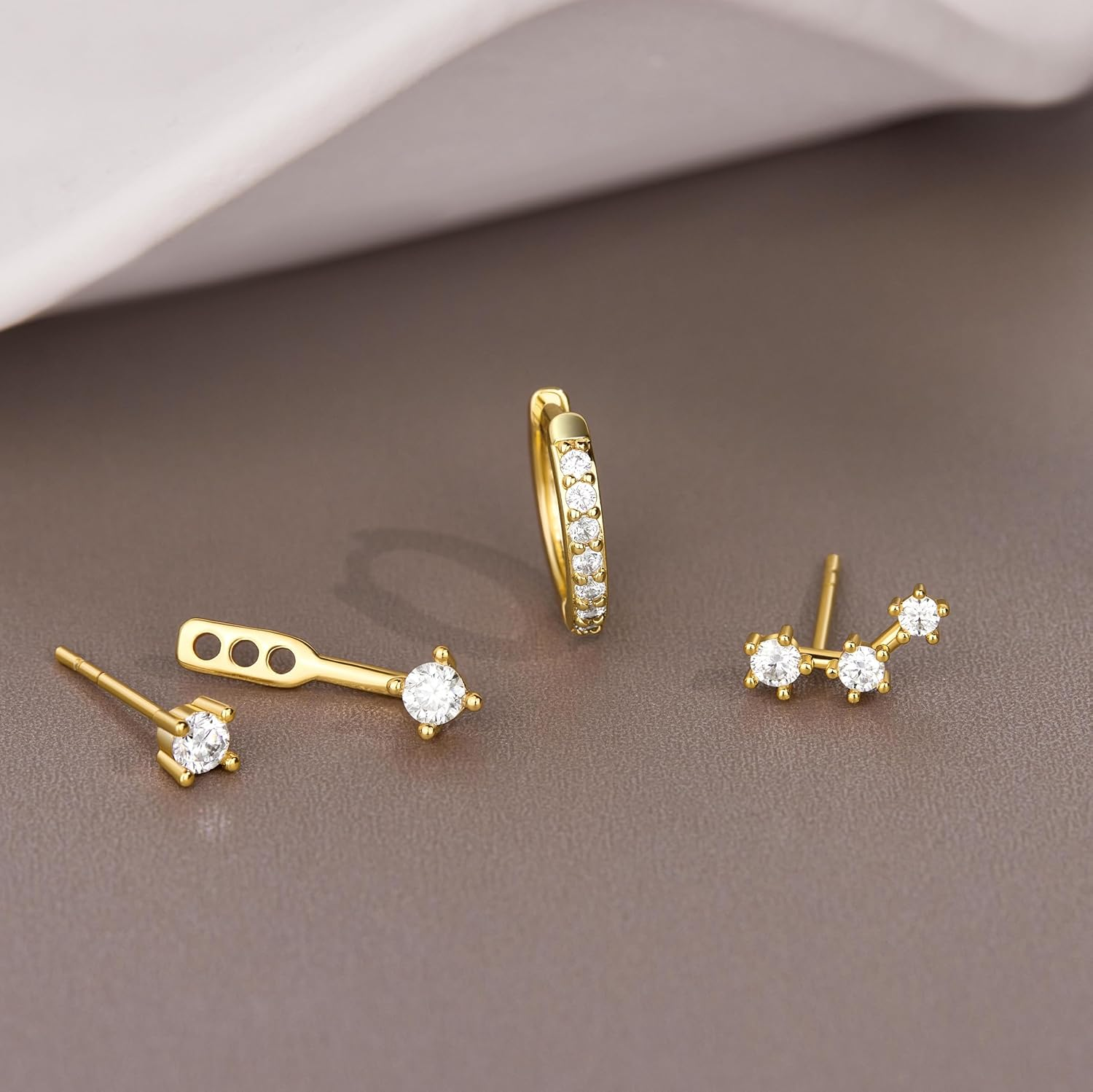 Gold Stud Earrings Set for Women, 3 Pairs Huggie Hoop Jacket Studs Earring Stacks, Hypoallergenic 925 Sterling Silver Post Dainty Birthstone Trendy Women Fashion Accessories Jewelry Gifts