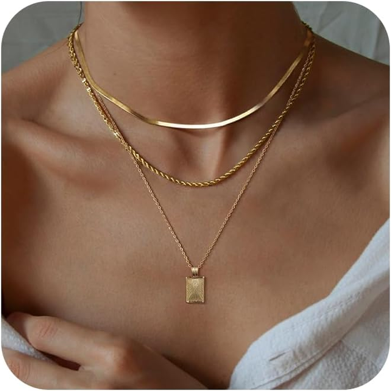 Layered Gold Silver Necklaces for Women, Stackable Stack 14K Real Gold Plated Silver Chain Necklace Diamond Circle CZ Layering Pendant Necklaces Trendy Gold Jewelry Set Gifts