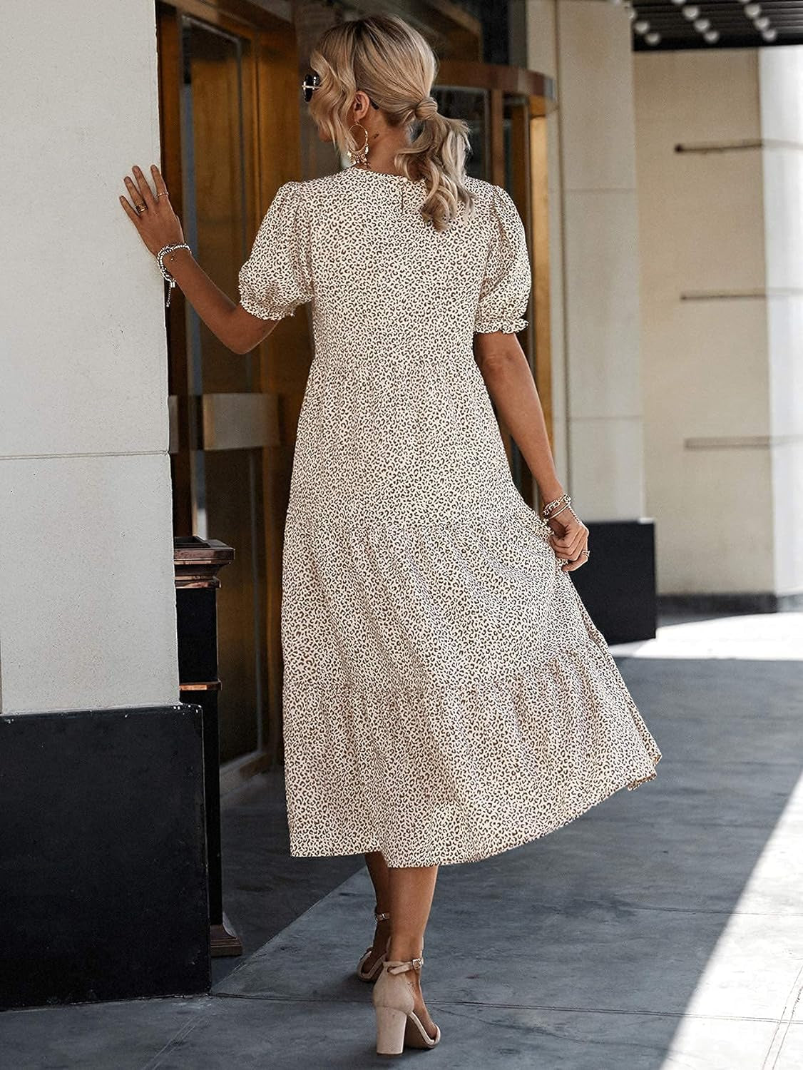 Summer Dresses for Women 2025 Casual Floral Boho Midi Sun Dress Puff Short Sleeve Flowy Beach Vacation Sundress