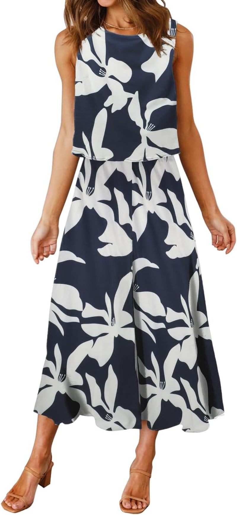 Women'S Summer 2 Piece Outfits round Neck Crop Basic Top Cropped Wide Leg Pants Set Jumpsuits