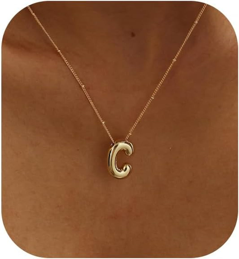 Bubble Gold Letter Necklace for Women, 14K Gold Plated Balloon Initial Letter Pendant Necklace Dainty Charm Initial Necklaces for Women Trendy Chunky Custom Name Necklace Gold Jewelry for Womens