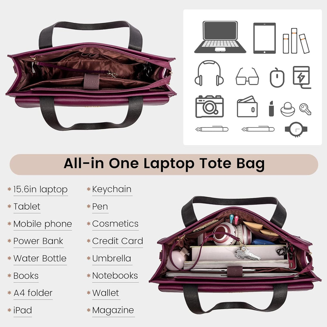 Laptop Bag for Women 15.6 Inch Tote Work Professional Leather Computer Briefcase Waterproof Handbag Shoulder Large Capacity Business Teacher Office Crossbody Purse
