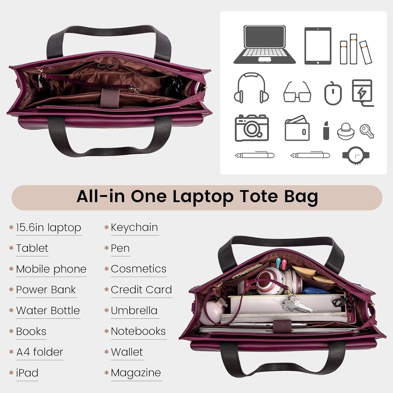 Laptop Bag for Women 15.6 Inch Tote Work Professional Leather Computer Briefcase Waterproof Handbag Shoulder Large Capacity Business Teacher Office Crossbody Purse