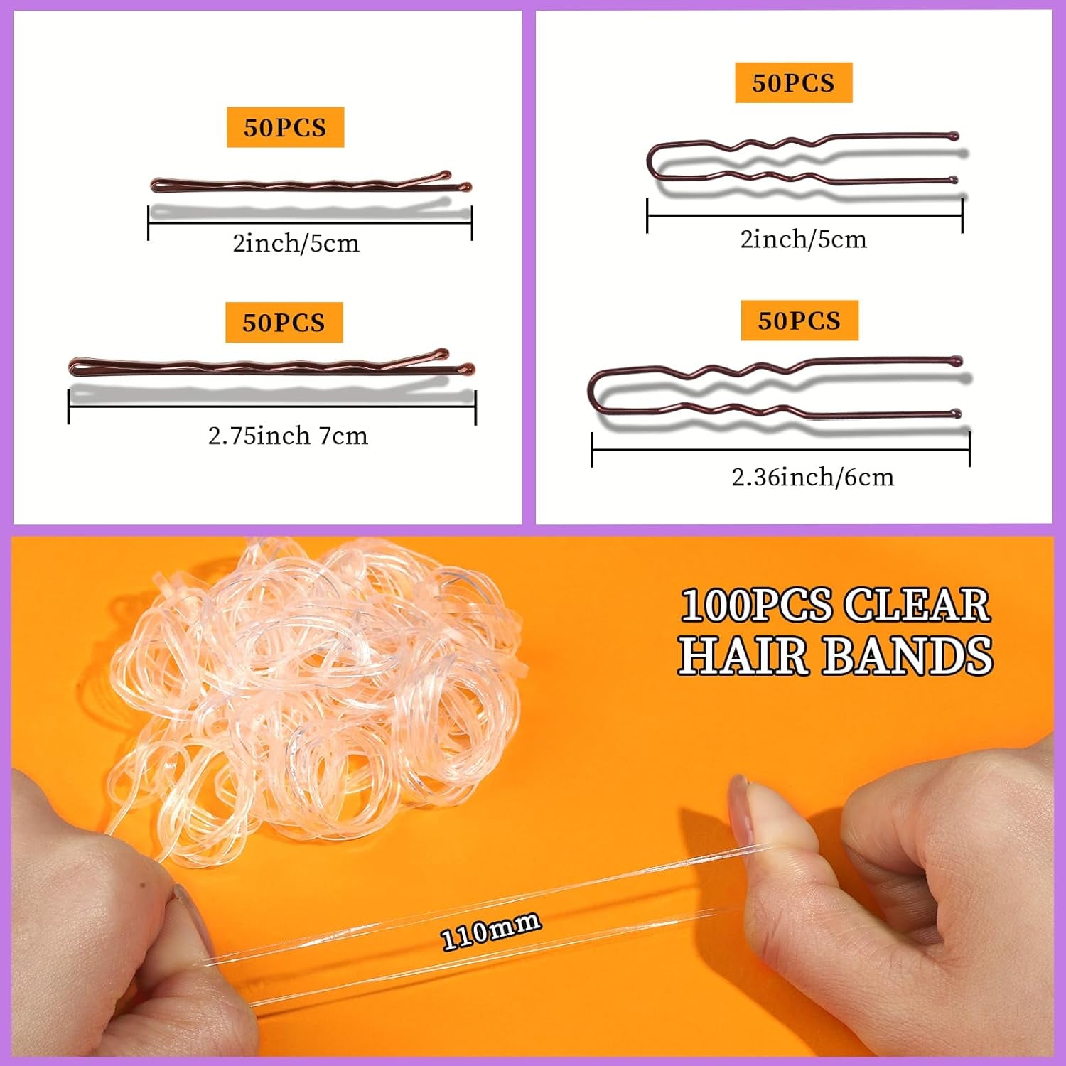 300Pcs Bobby Pins Hair Pins Kit - 100 Brown, 100 U Shape, 100 Hair Bands - 2Inch, 2.36Inch, 2.75Inch Pins for Women'S Buns