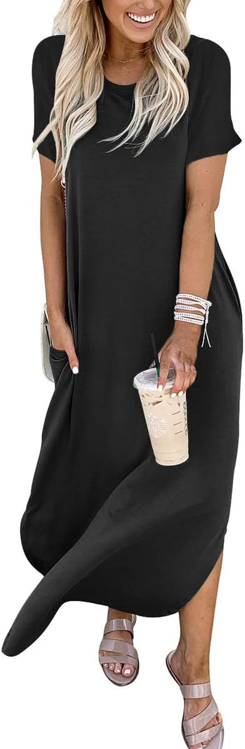 Women'S Summer Casual Loose Short Sleeve Long T Shirt Dress Split Maxi Beach Sundress Travel Vacation Outfits
