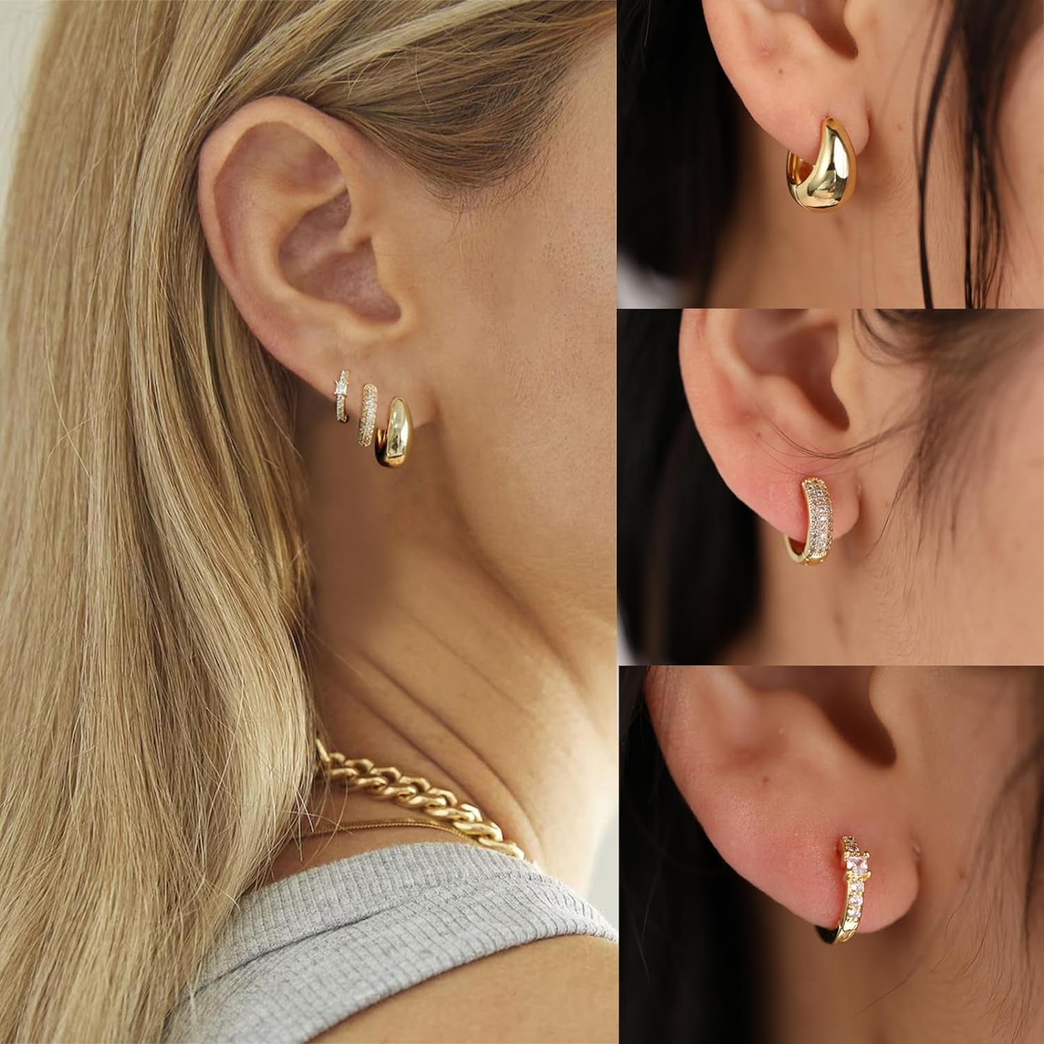Gold Hoop Earrings Set for Women Trendy, 14K Gold Plated Lightweight Small Gold/Silver Hoop Earrings for Women Chunky Open Hoops Earrings Jewelry Gifts