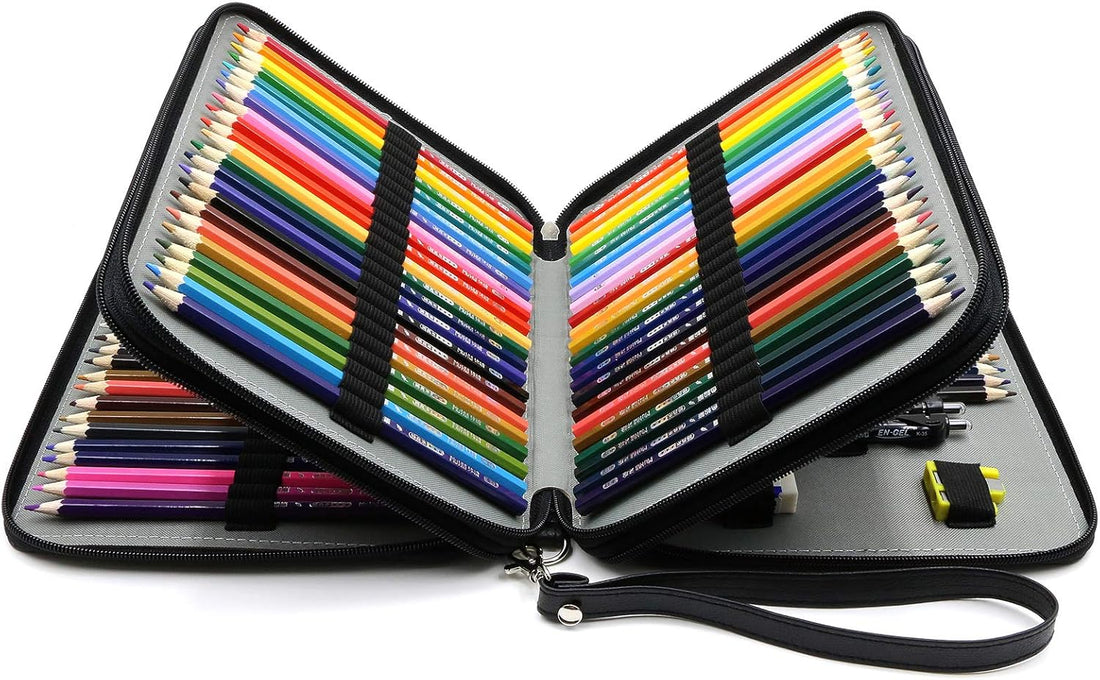 120 Slots Pencil Case - PU Leather Handy Multi-Layer Large Zipper Pen Bag with Handle Strap for Prismacolor Watercolor Pencils, Crayola Colored Pencils, Marco Pens and Makeup Brush (Black)