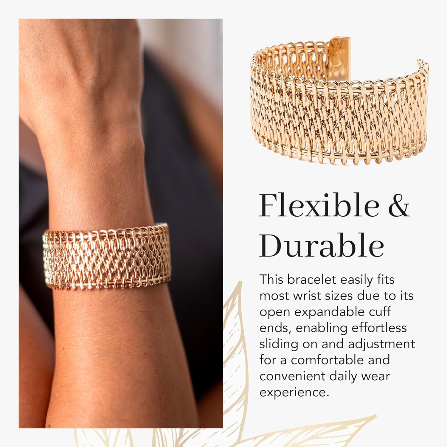 Adjustable Open and Wide Modern Cuff Design or Bangle, Bracelet Jewelry with Brushed 18K Yellow Gold Plating. Beautiful and Elegant for All Occasions. Quality Crafted. Durable. High End Aesthetic Finish