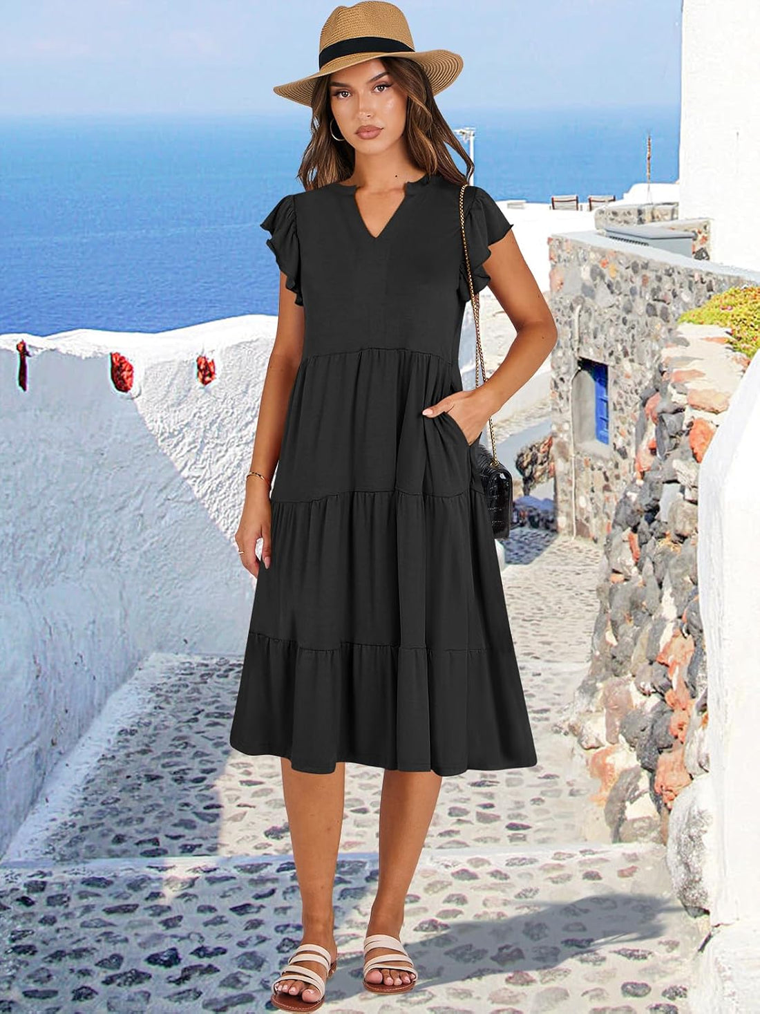 Womens Summer Dress Ruffle Sleeve V Neck Midi Dresses Fashion Casual Fit Flowy Tiered Boho Beach Vacation Sundress