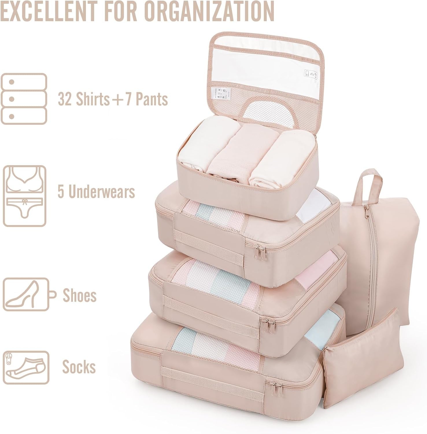 8 Set Packing Cubes for Travel, Beach Vacation Essentials Accessories for Cruise Ship, Suitcase Organizer Bags for Luggage with Hanging Toiletry & Shoe Bag, Birthday Gifts for Women Mom Her